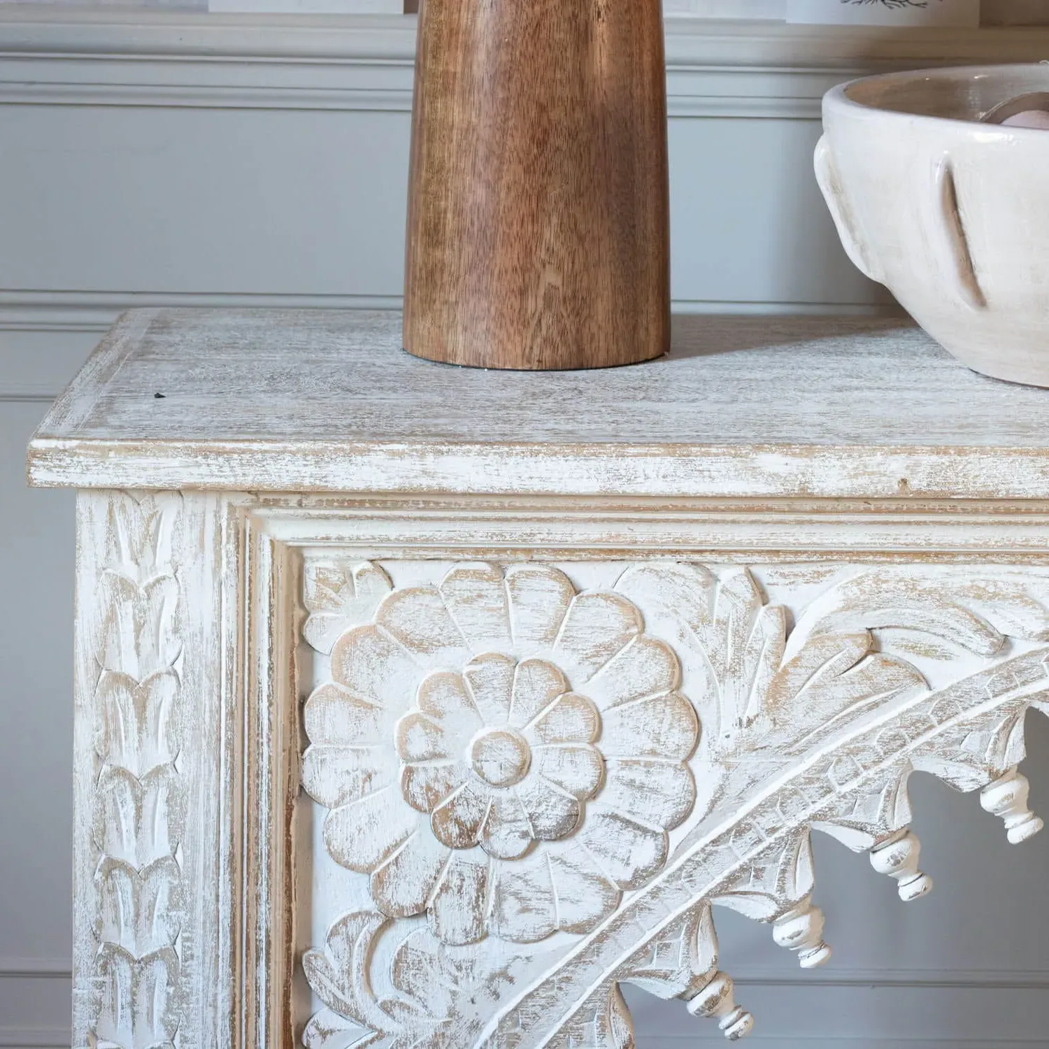 Kaia Carved Wood Console Table - White, Mango Wood