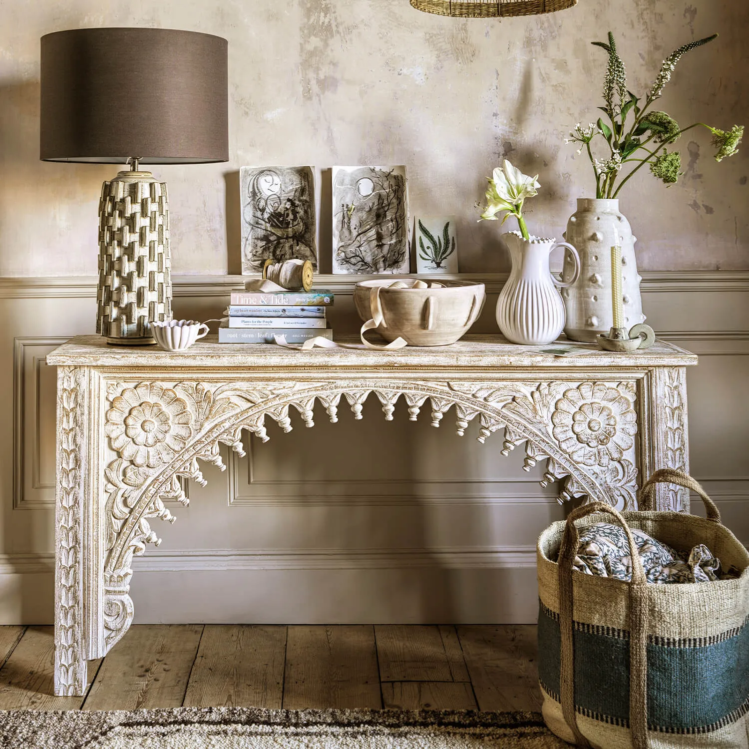 Kaia Carved Wood Console Table - White, Mango Wood image