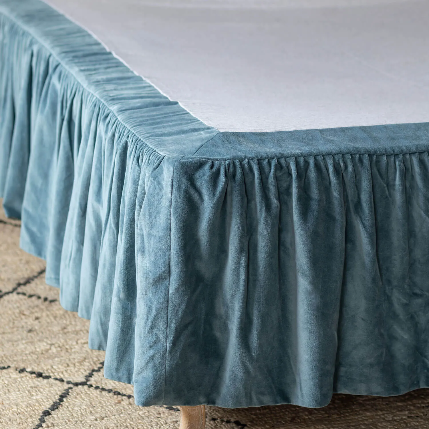 King Size Bed Valance with Frill Edge - Smoke Blue, Velvet