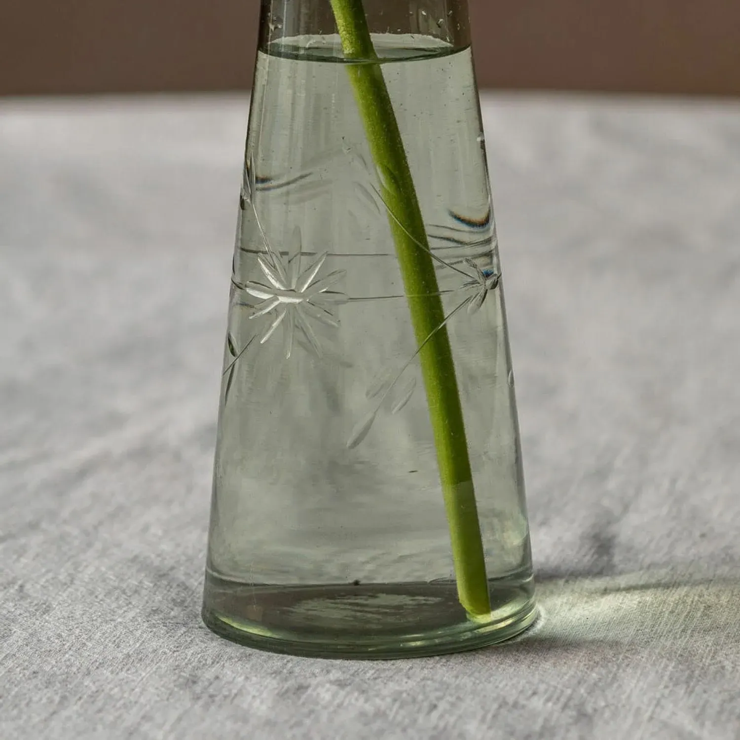 Large Etched Floral Glass Vase - Green