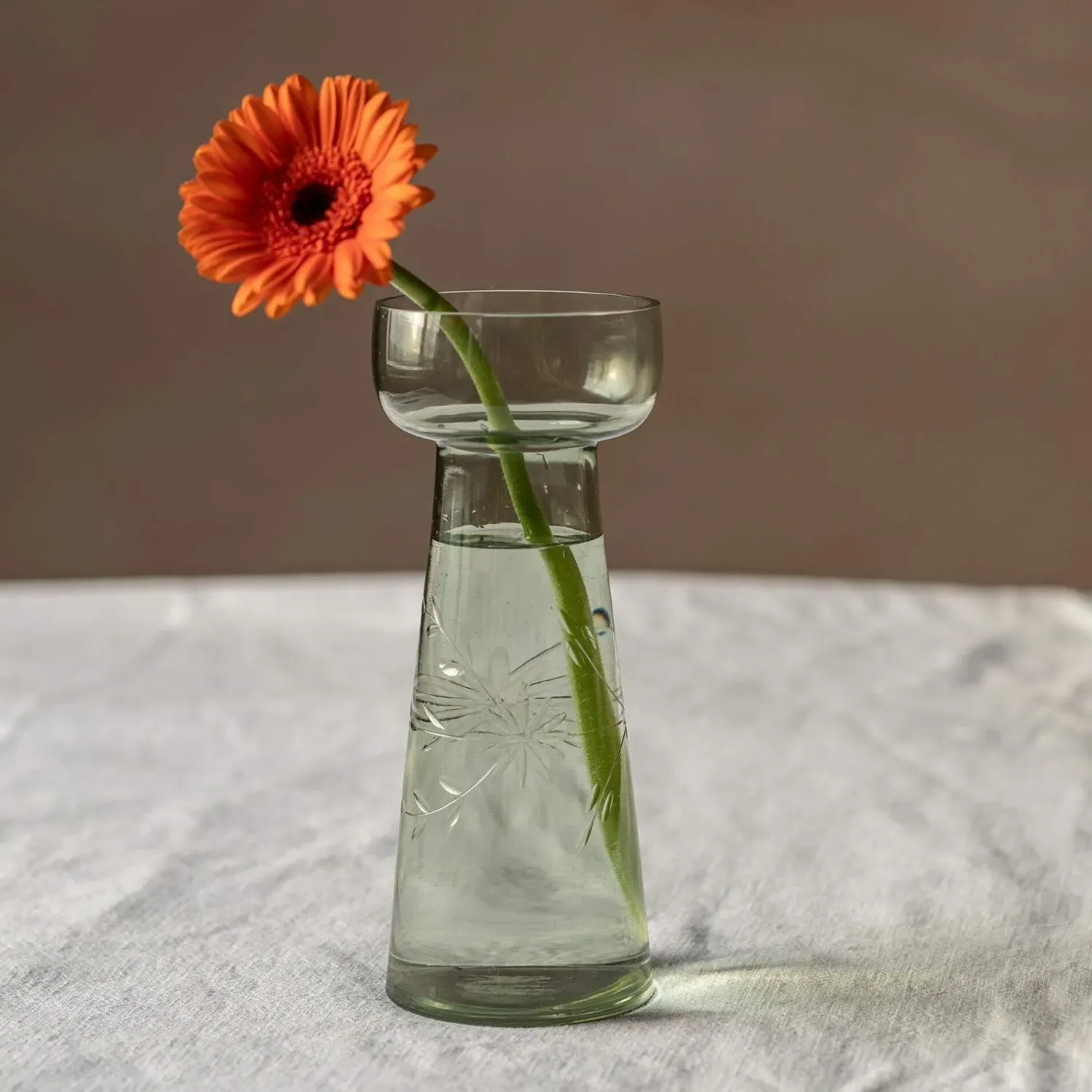 Large Etched Floral Glass Vase - Green