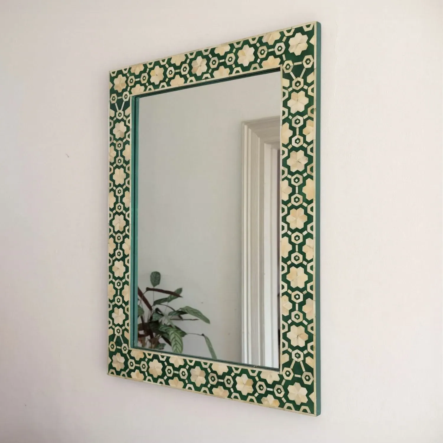 Large Floral Bone Inlay Mirror - Jade Green