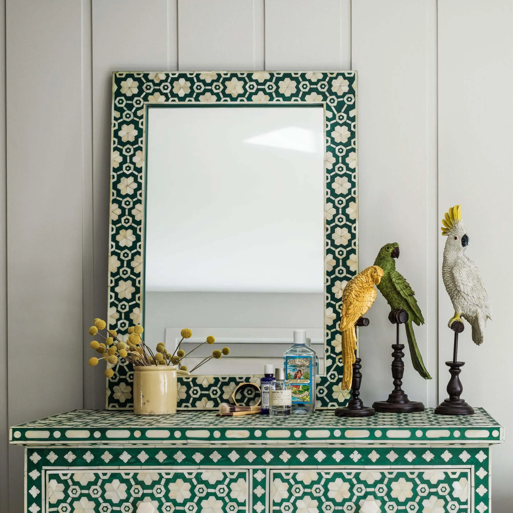 Large Floral Bone Inlay Mirror - Jade Green image