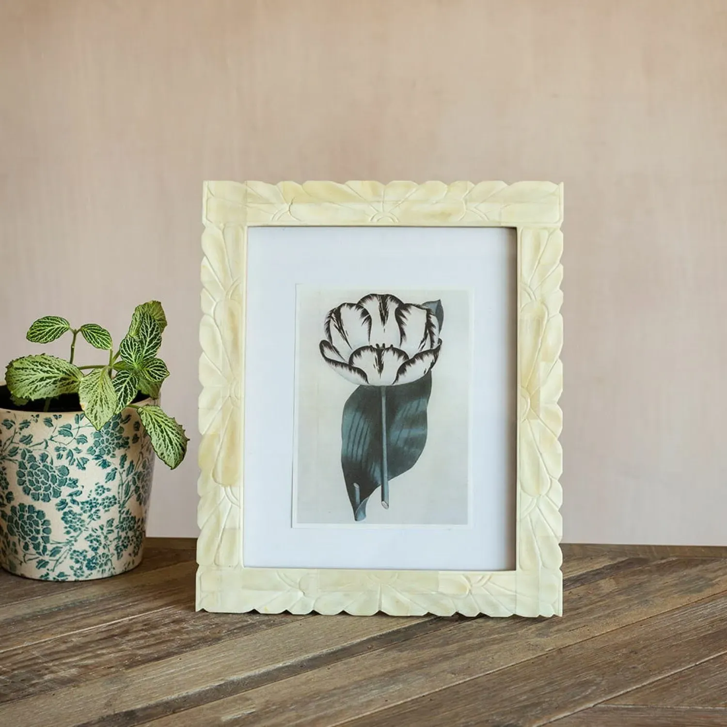 Large Floral Carved Photo Frame - Bone