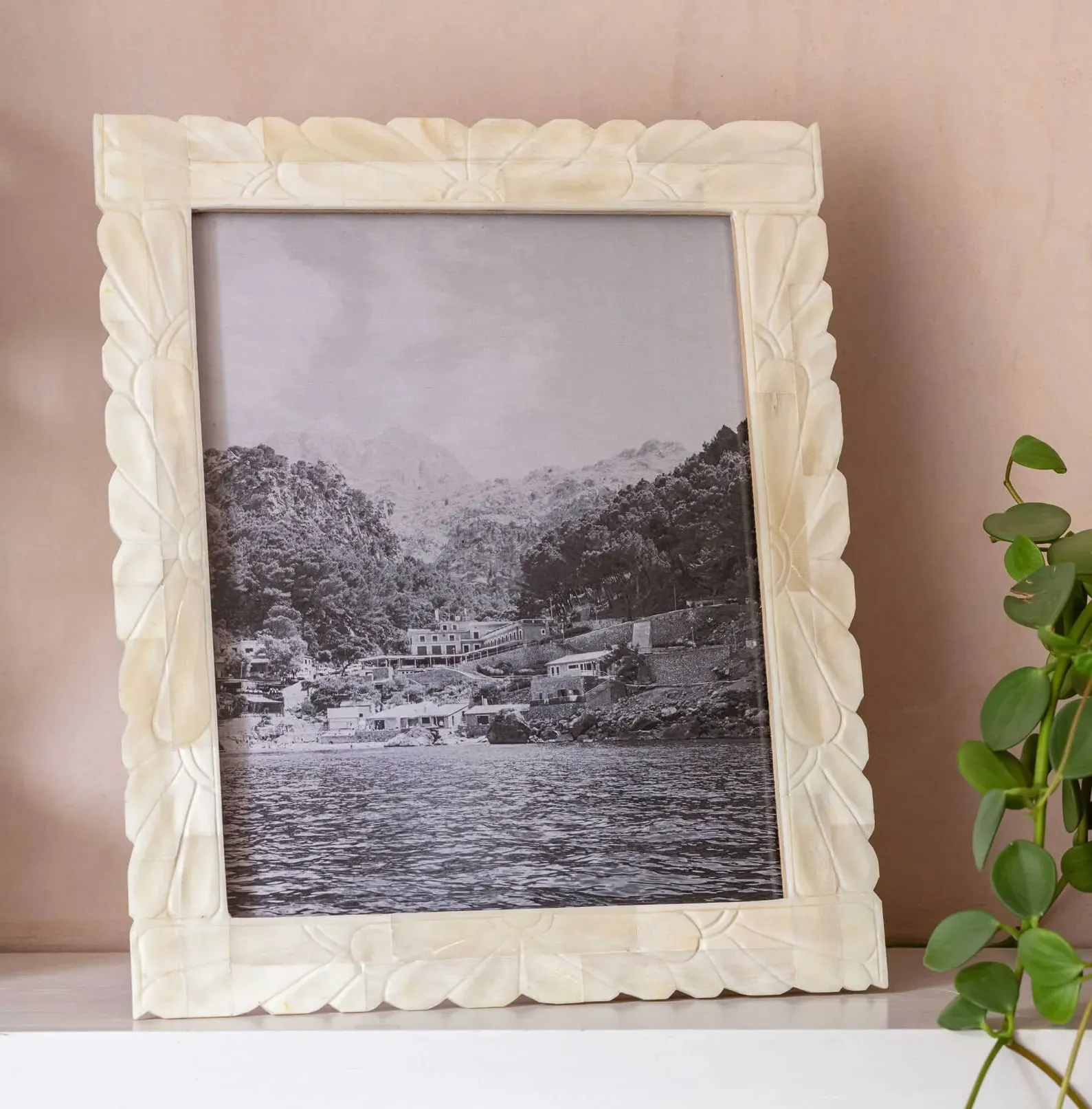 Large Floral Carved Photo Frame - Bone