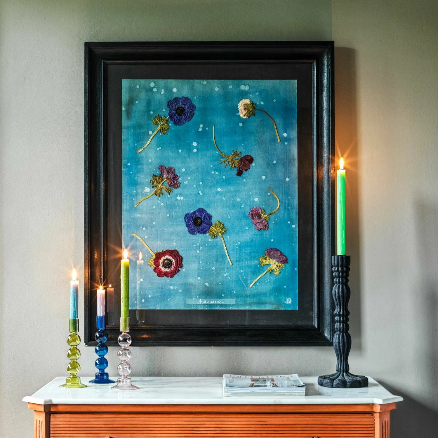 Large Framed Anemone Pressed Flowers - Wood