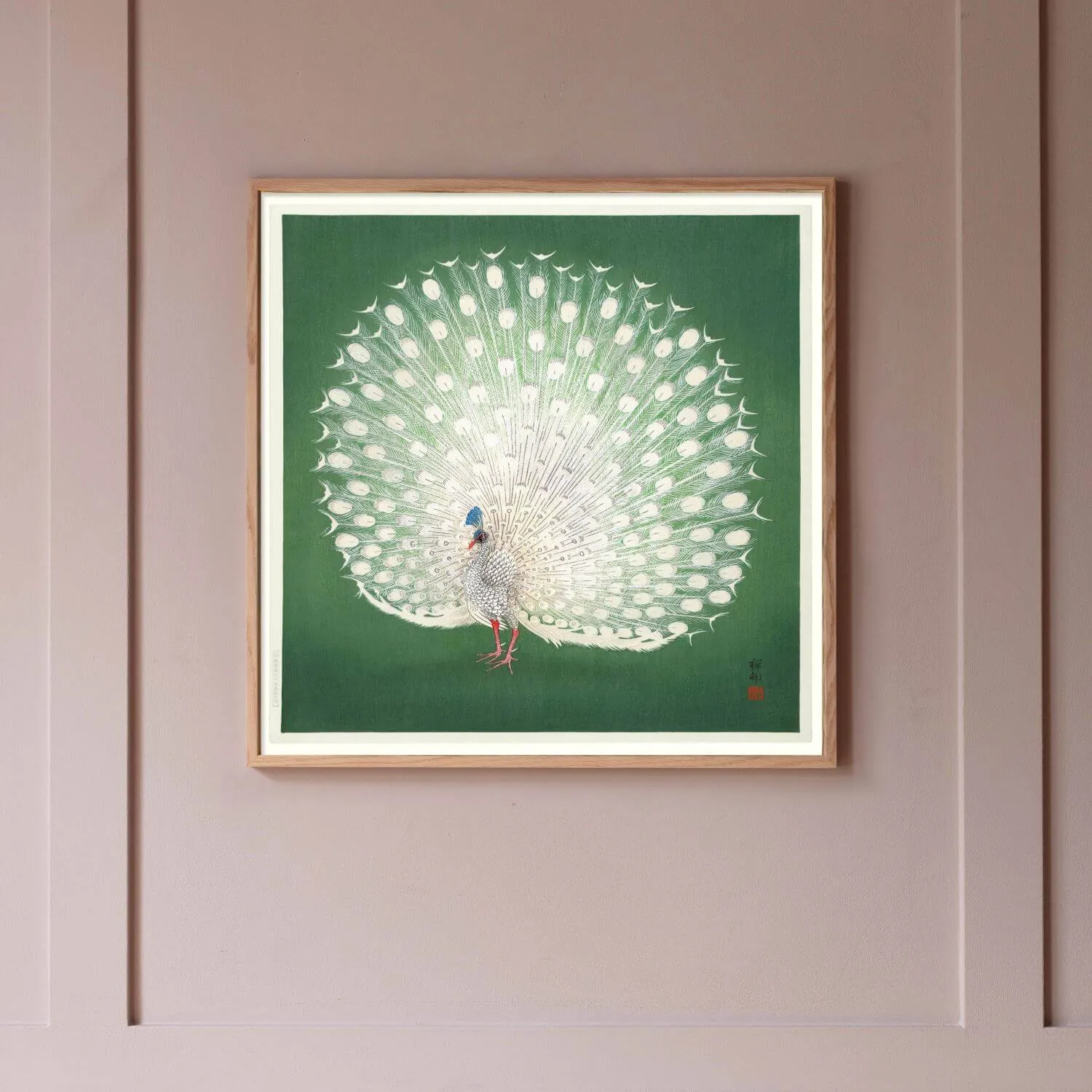 Large Framed Peacock Print - Green, Oak