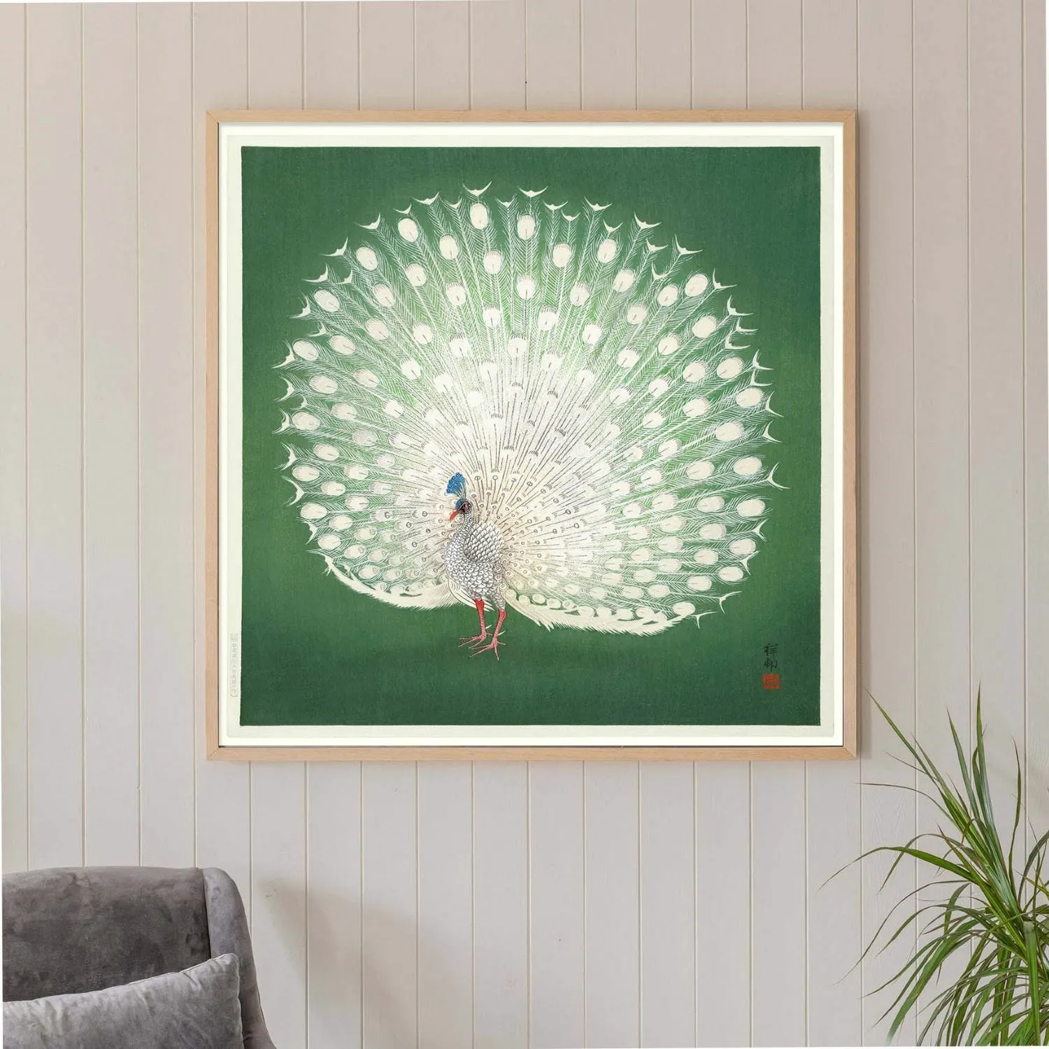 Large Framed Peacock Print - Green, Oak