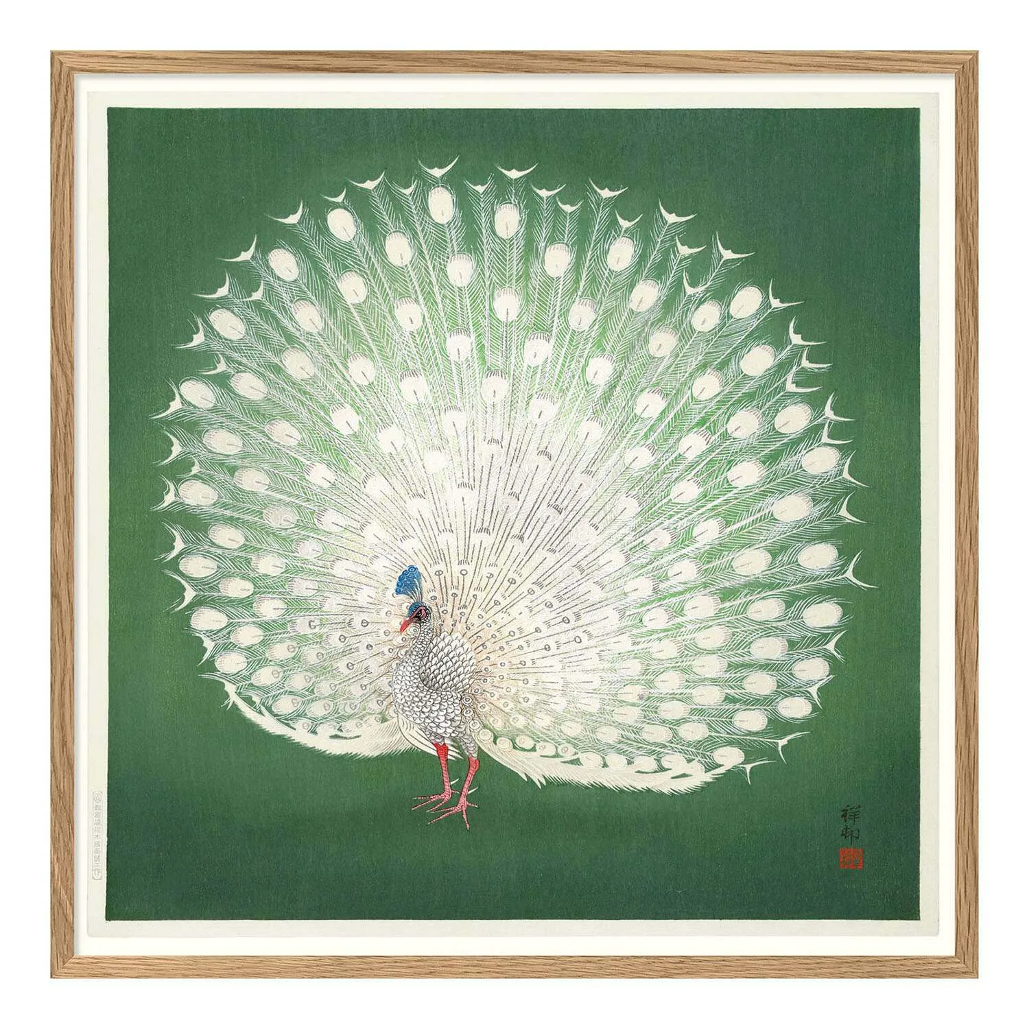 Large Framed Peacock Print - Green, Oak