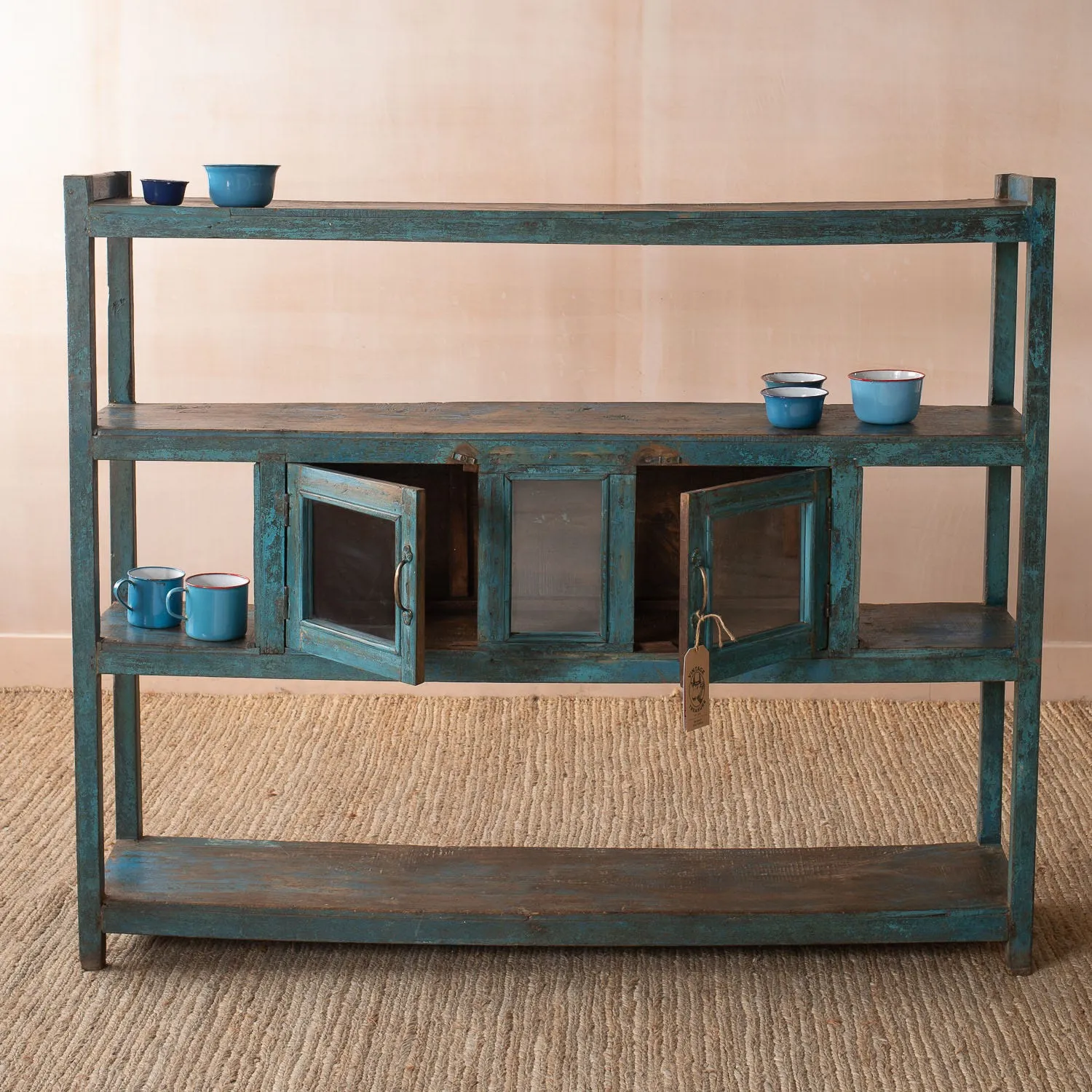 Large Shelving Rack with Glass Cabinet - Aqua Blue, Teak