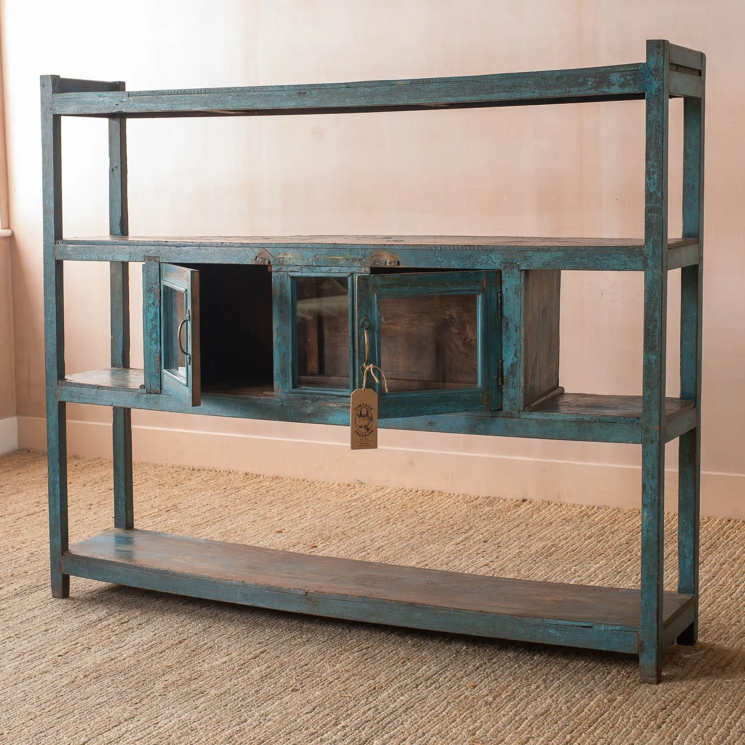 Large Shelving Rack with Glass Cabinet - Aqua Blue, Teak