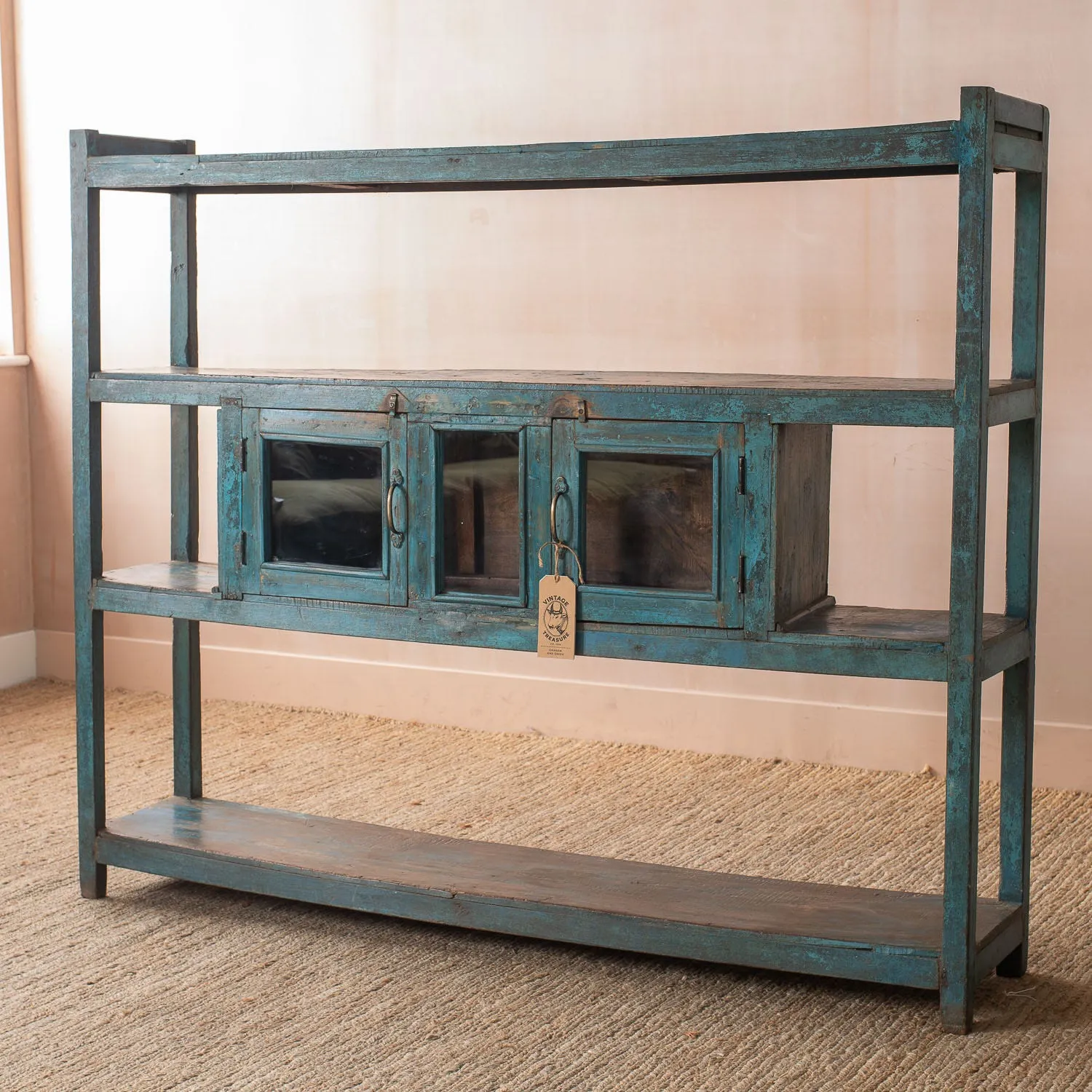 Large Shelving Rack with Glass Cabinet - Aqua Blue, Teak