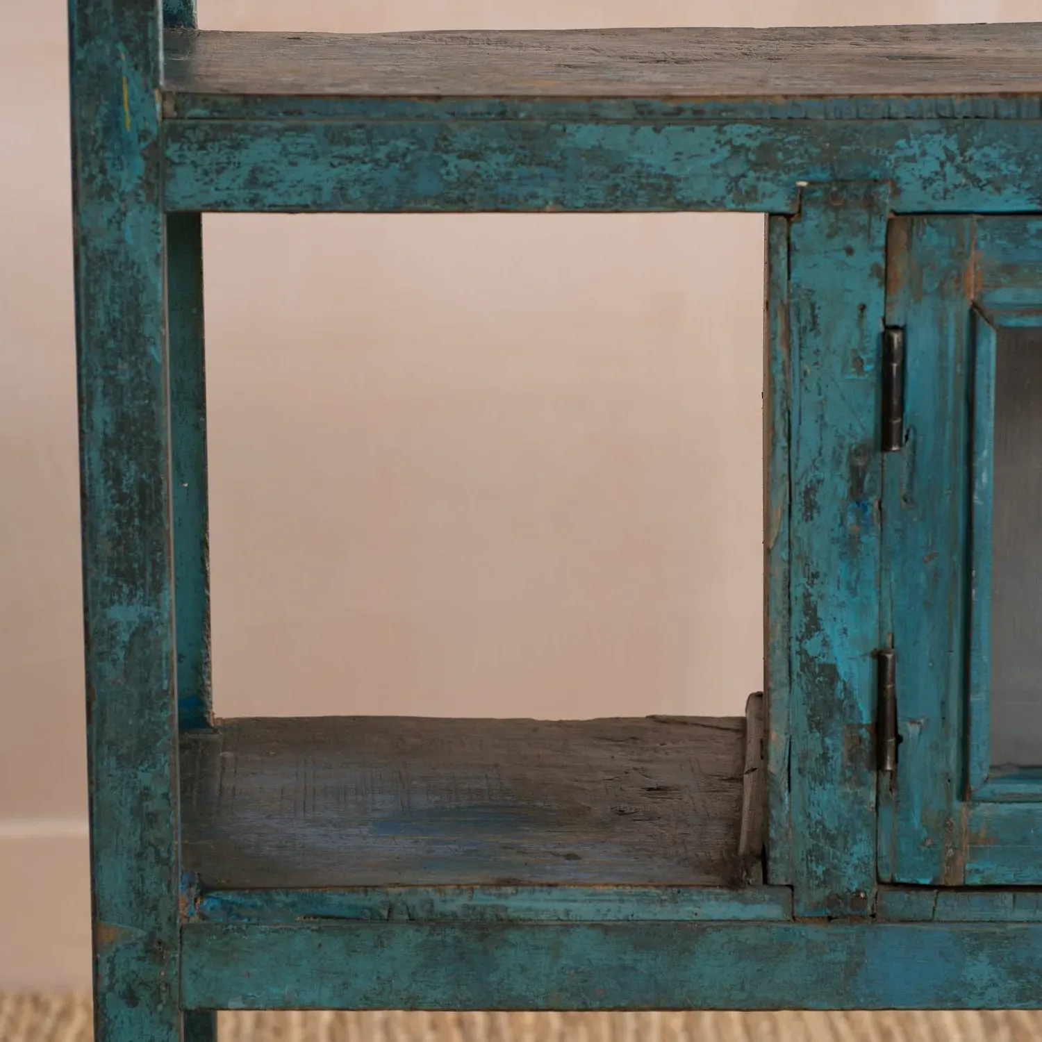 Large Shelving Rack with Glass Cabinet - Aqua Blue, Teak