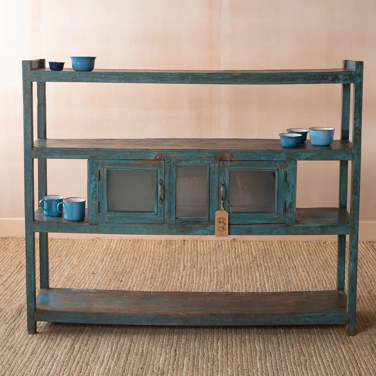 Large Shelving Rack with Glass Cabinet - Aqua Blue, Teak image