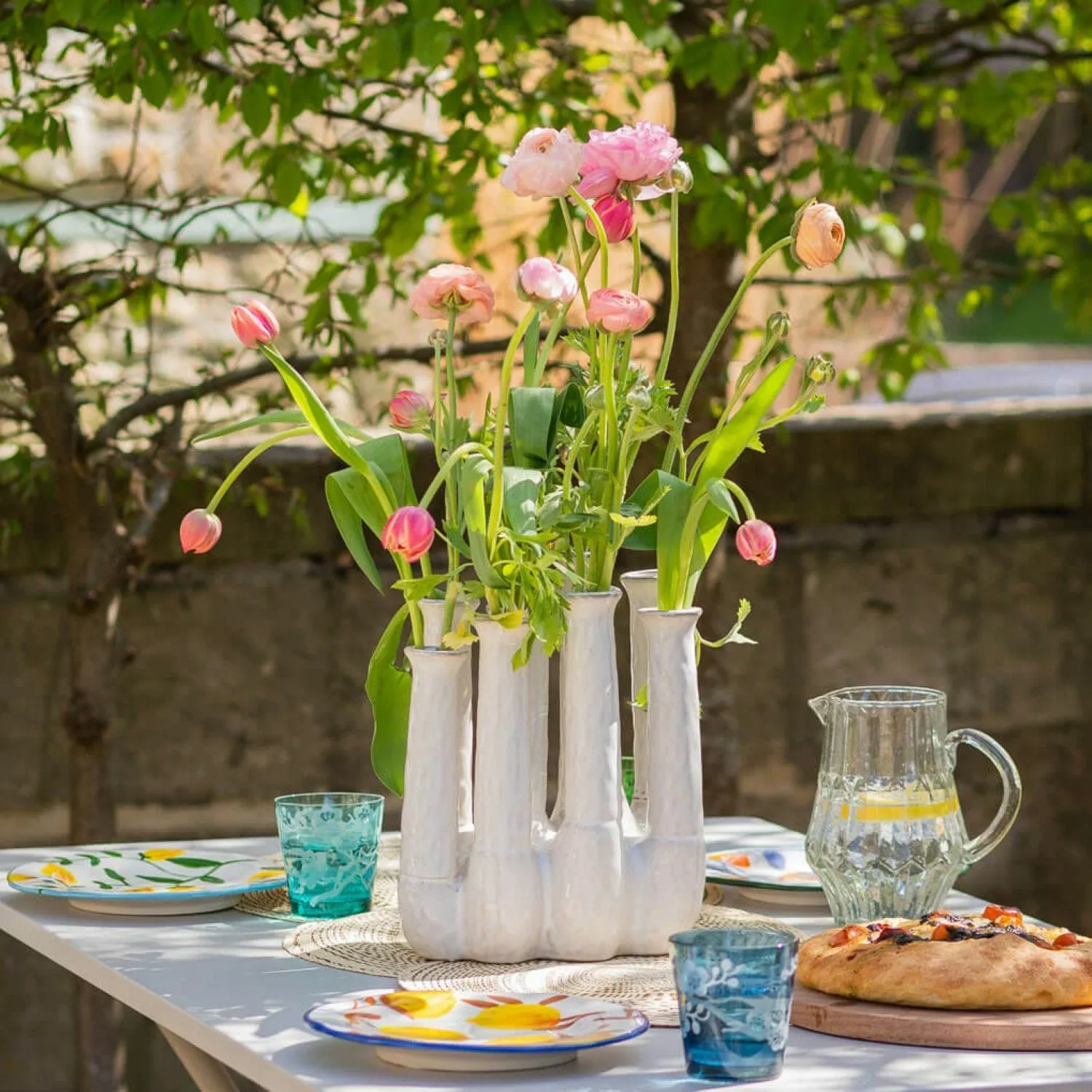 Large White Ceramic Multi-Stem Vase - White