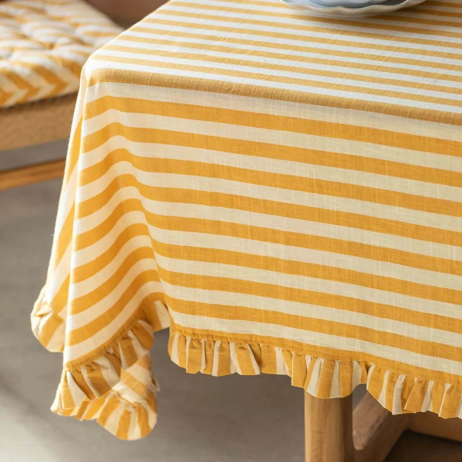 Large Yellow Candy Stripe Frill Tablecloth - Cotton