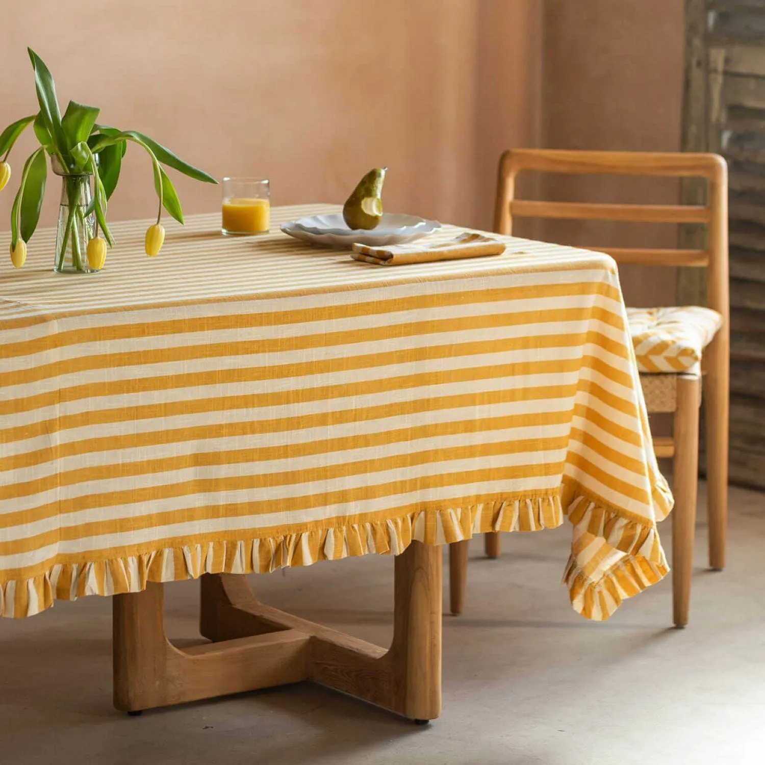 Large Yellow Candy Stripe Frill Tablecloth - Cotton