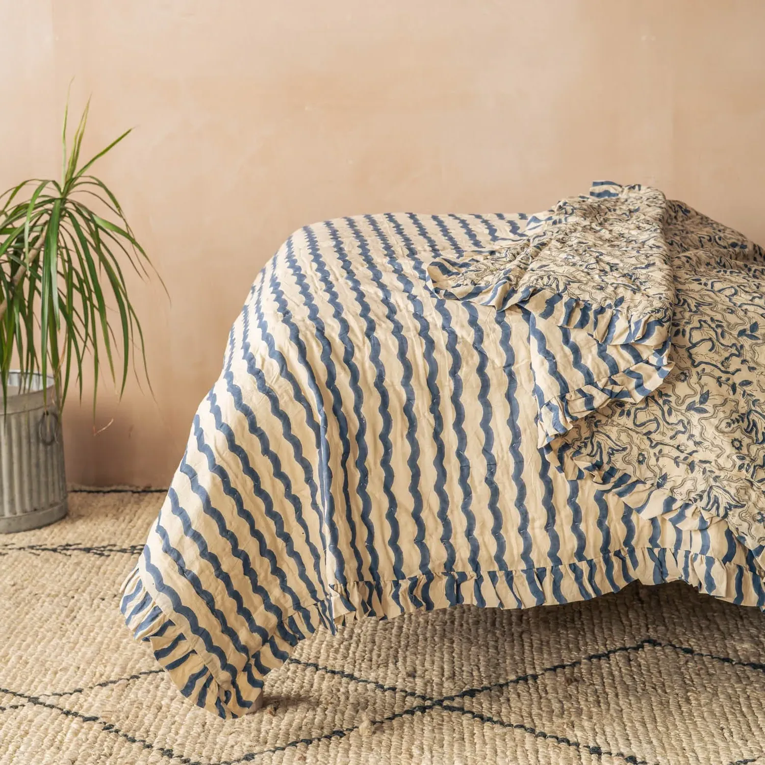 Layla Block Printed King Size Quilt - Sea Blue, Cotton