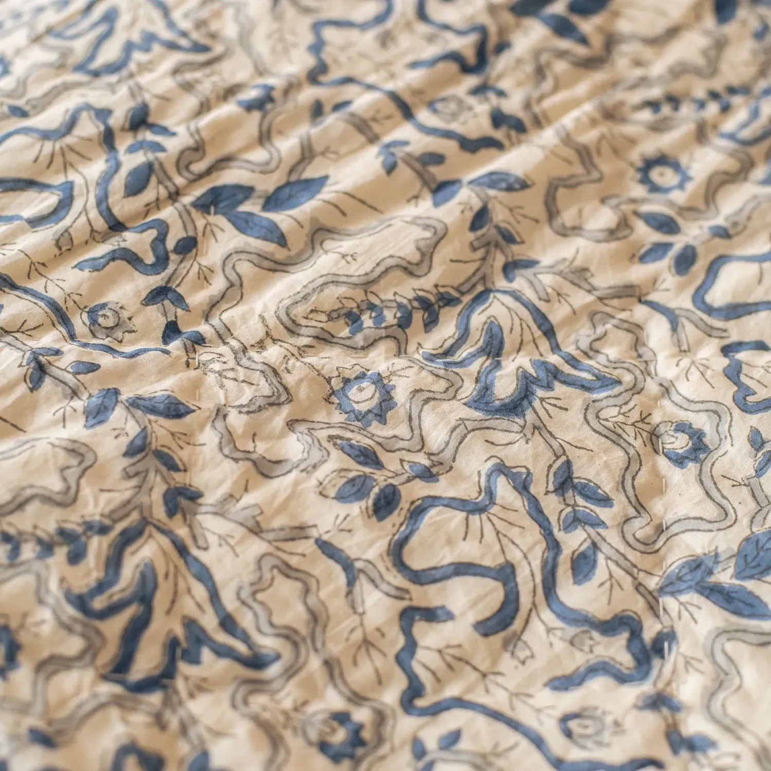 Layla Block Printed King Size Quilt - Sea Blue, Cotton