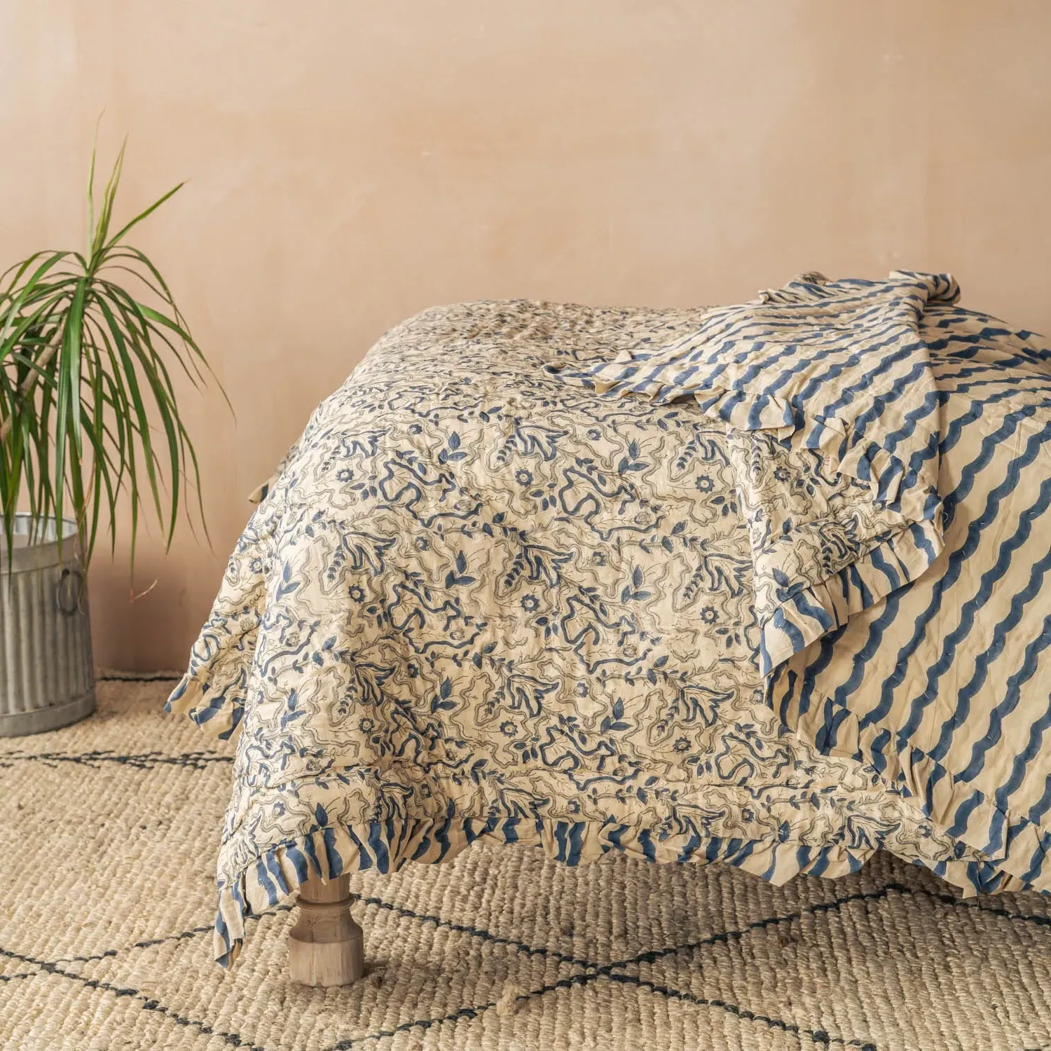 Layla Block Printed King Size Quilt - Sea Blue, Cotton