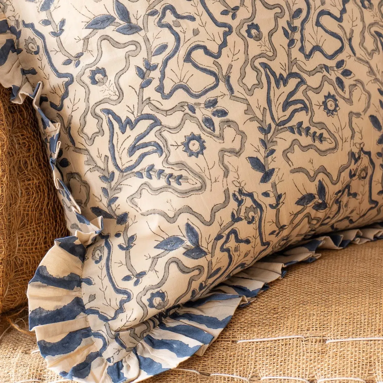 Layla Block Printed Square Cushion - Sea Blue, Cotton