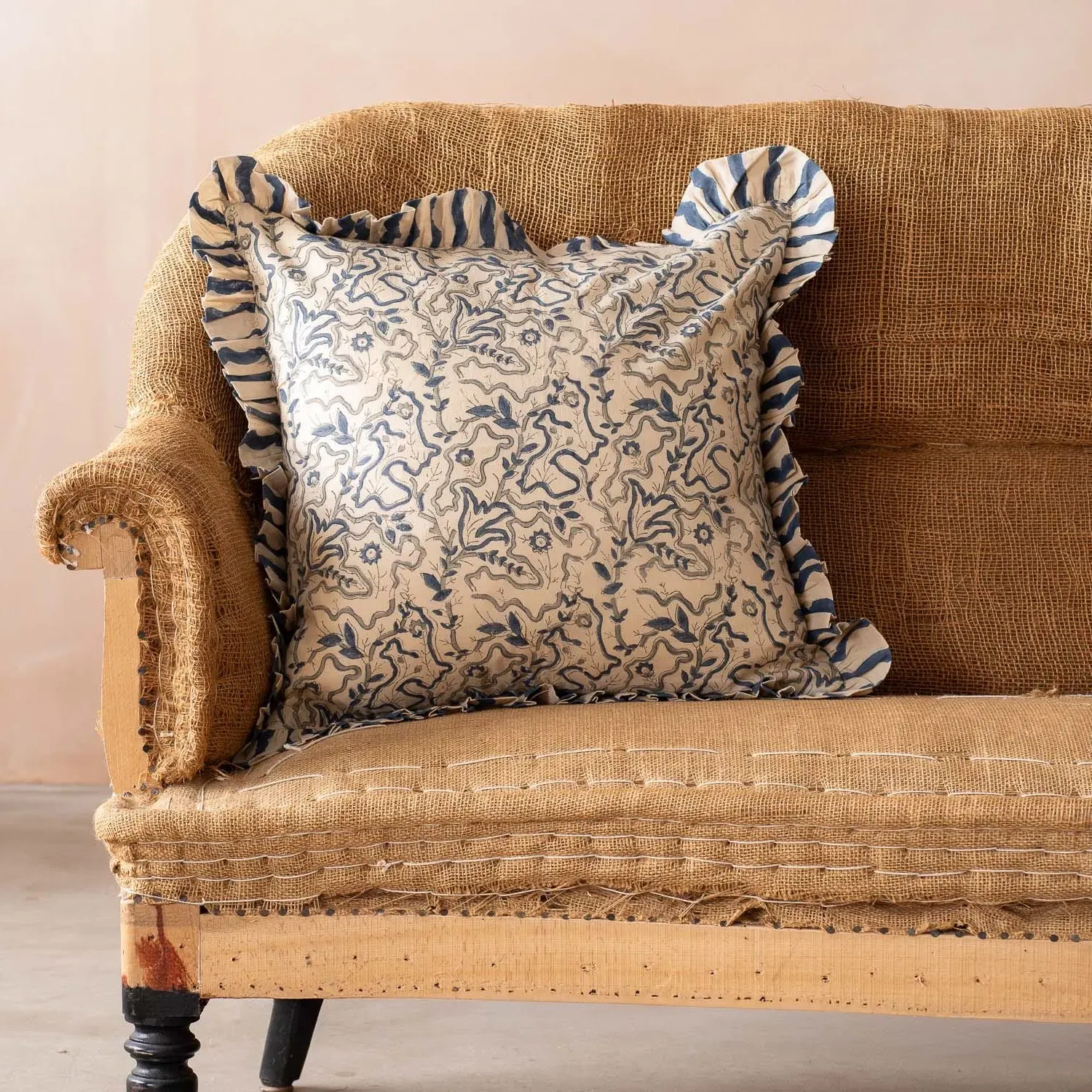 Layla Block Printed Square Cushion - Sea Blue, Cotton image