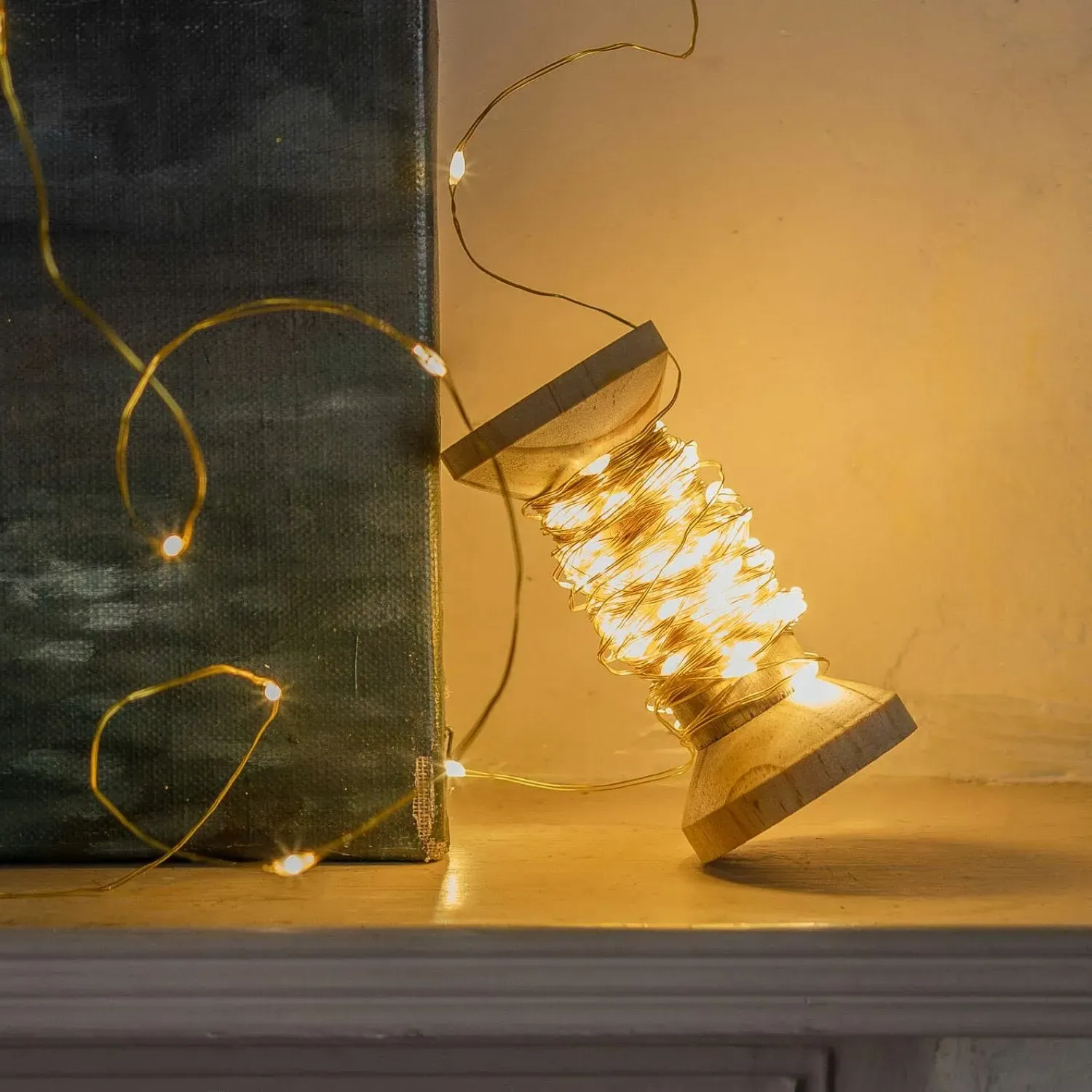 LED Rice Lights with Wooden Spool - Gold