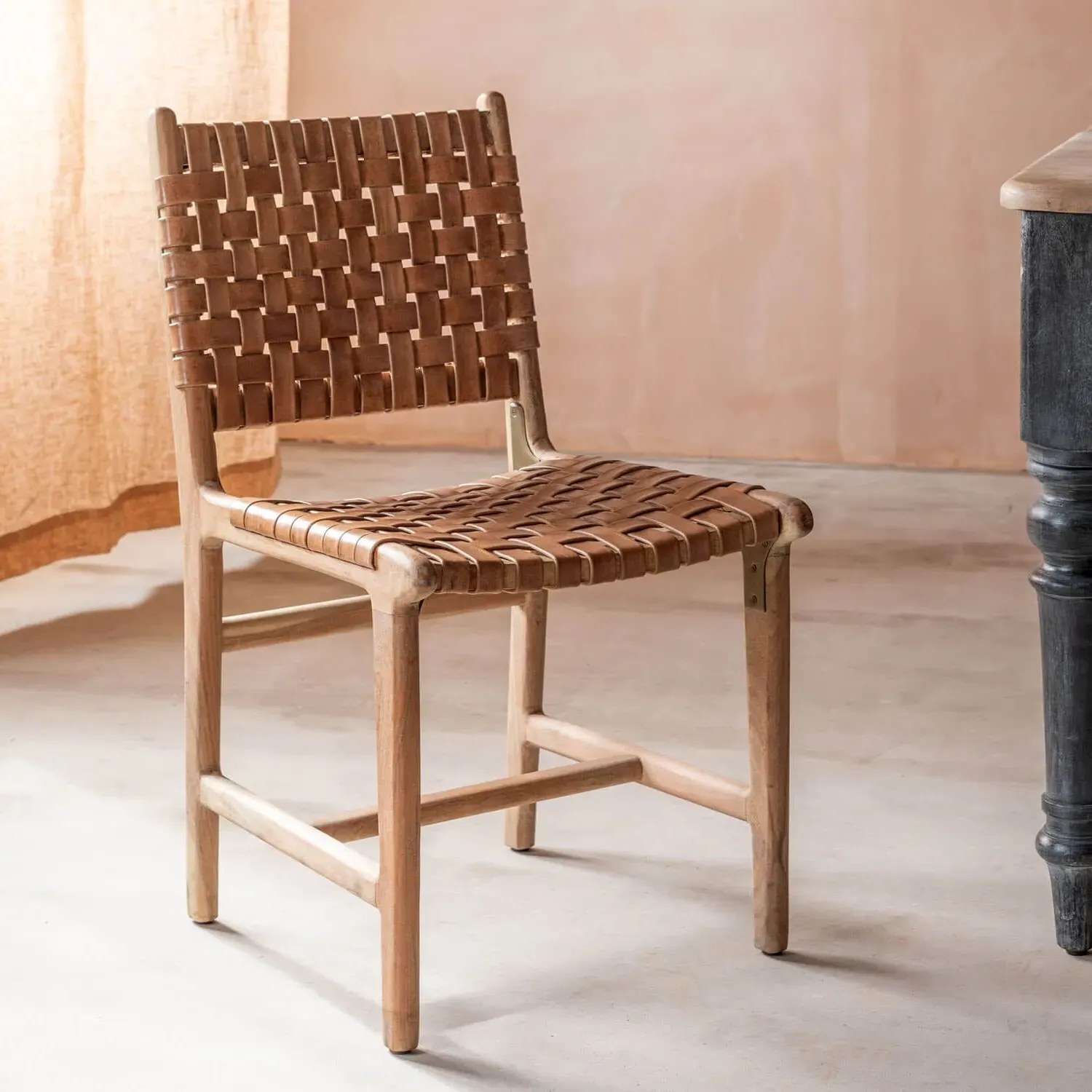 Leon Woven Leather Chair - Golden Brown, Acacia Wood