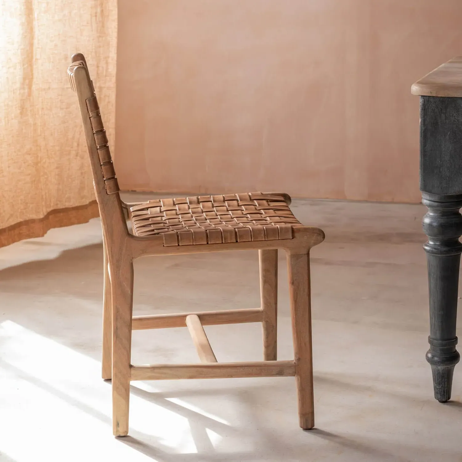 Leon Woven Leather Chair - Golden Brown, Acacia Wood