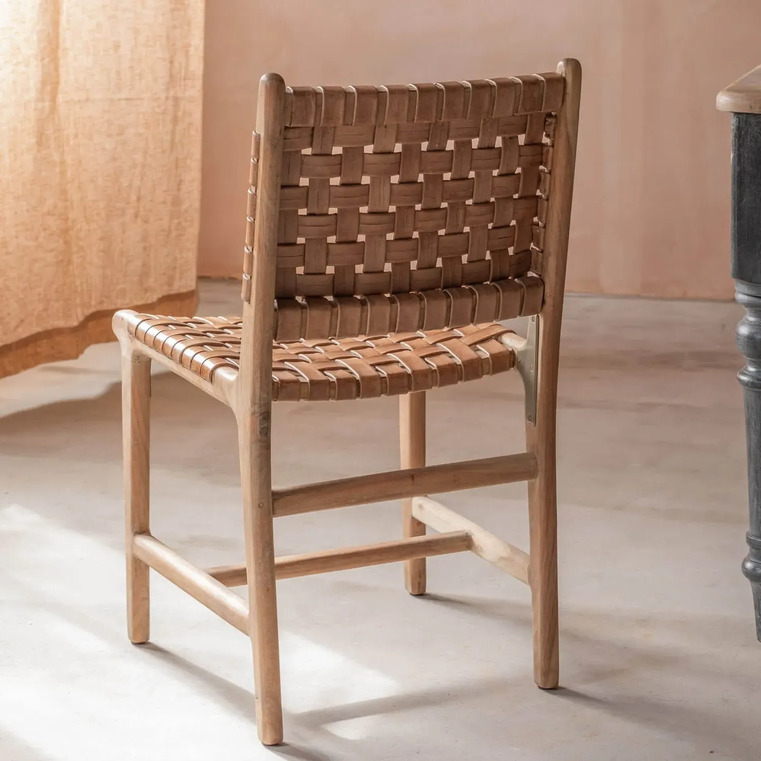 Leon Woven Leather Chair - Golden Brown, Acacia Wood