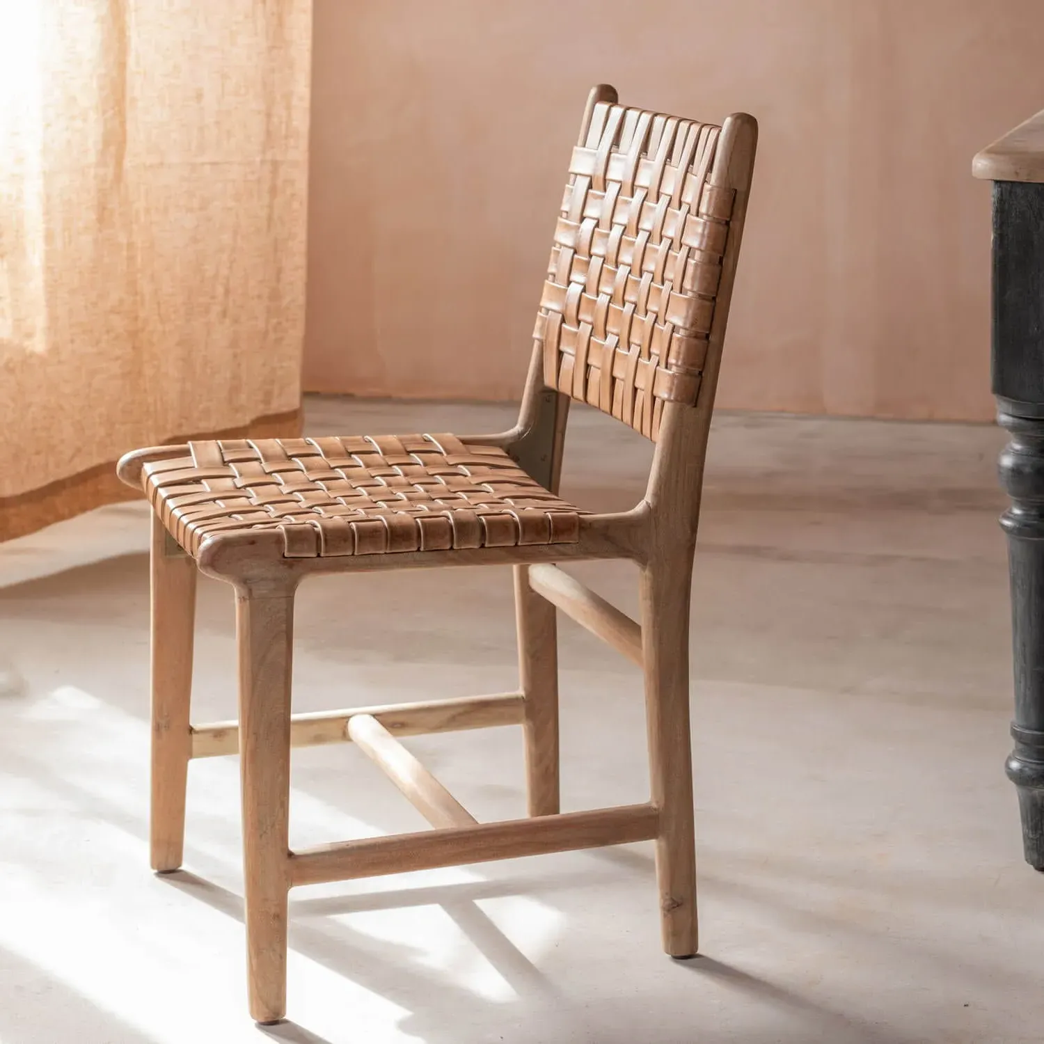 Leon Woven Leather Chair - Golden Brown, Acacia Wood