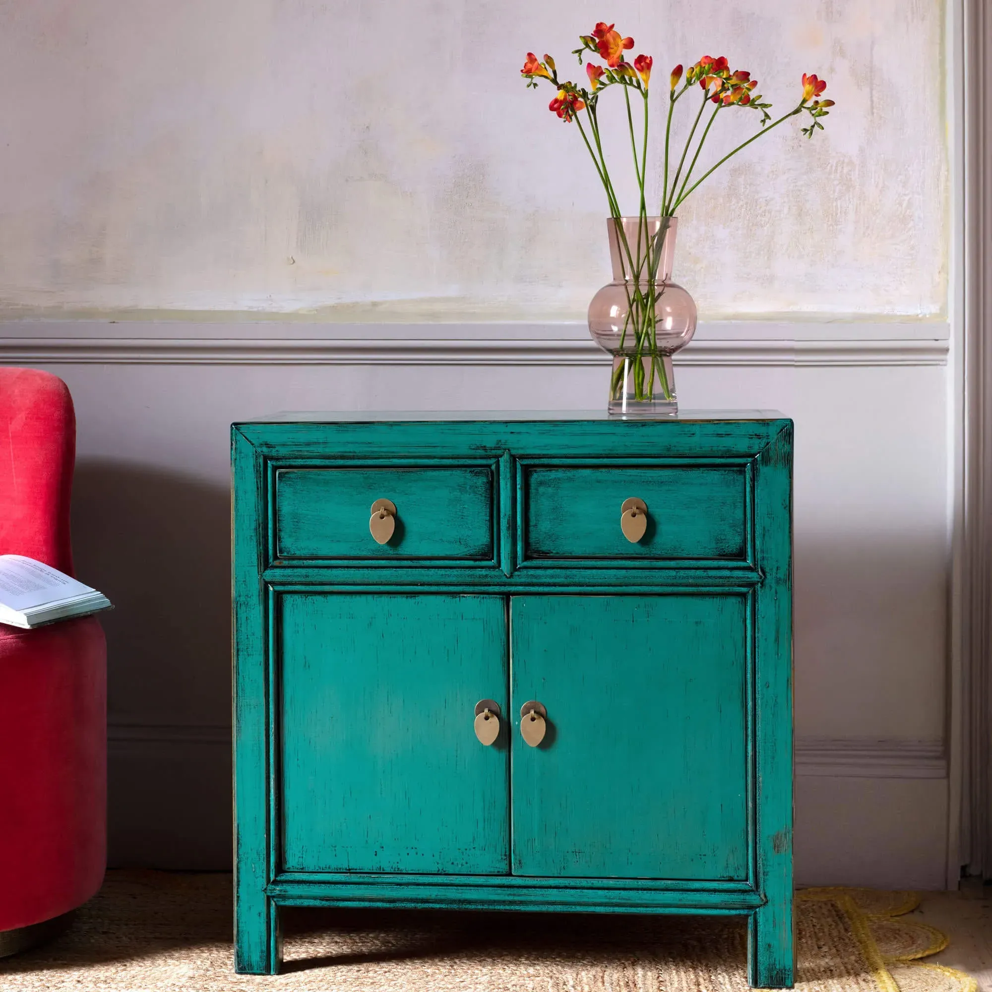 Leshan Peacock Small Two Door Two Drawer Sideboard - Turquoise, Pine