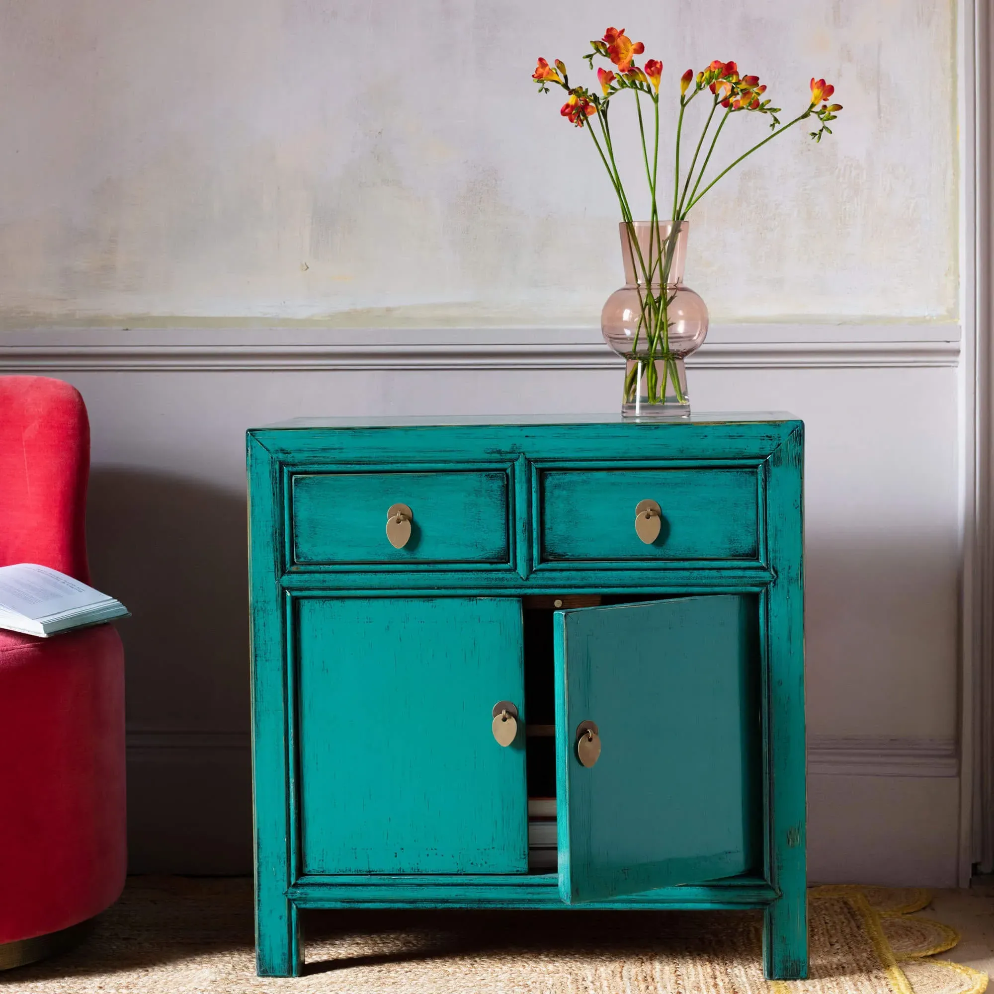 Leshan Peacock Small Two Door Two Drawer Sideboard - Turquoise, Pine image