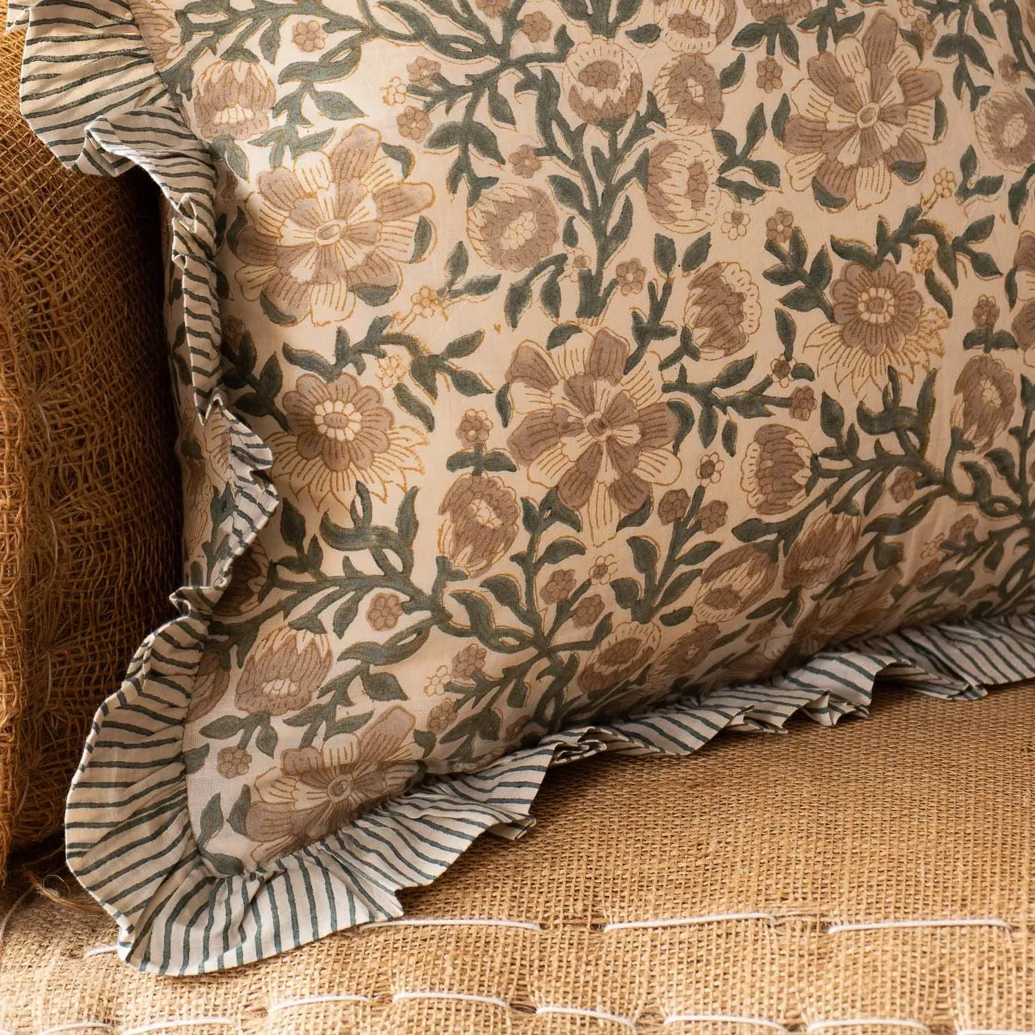 Lilia Block Printed Square Cushion - Green, Cotton