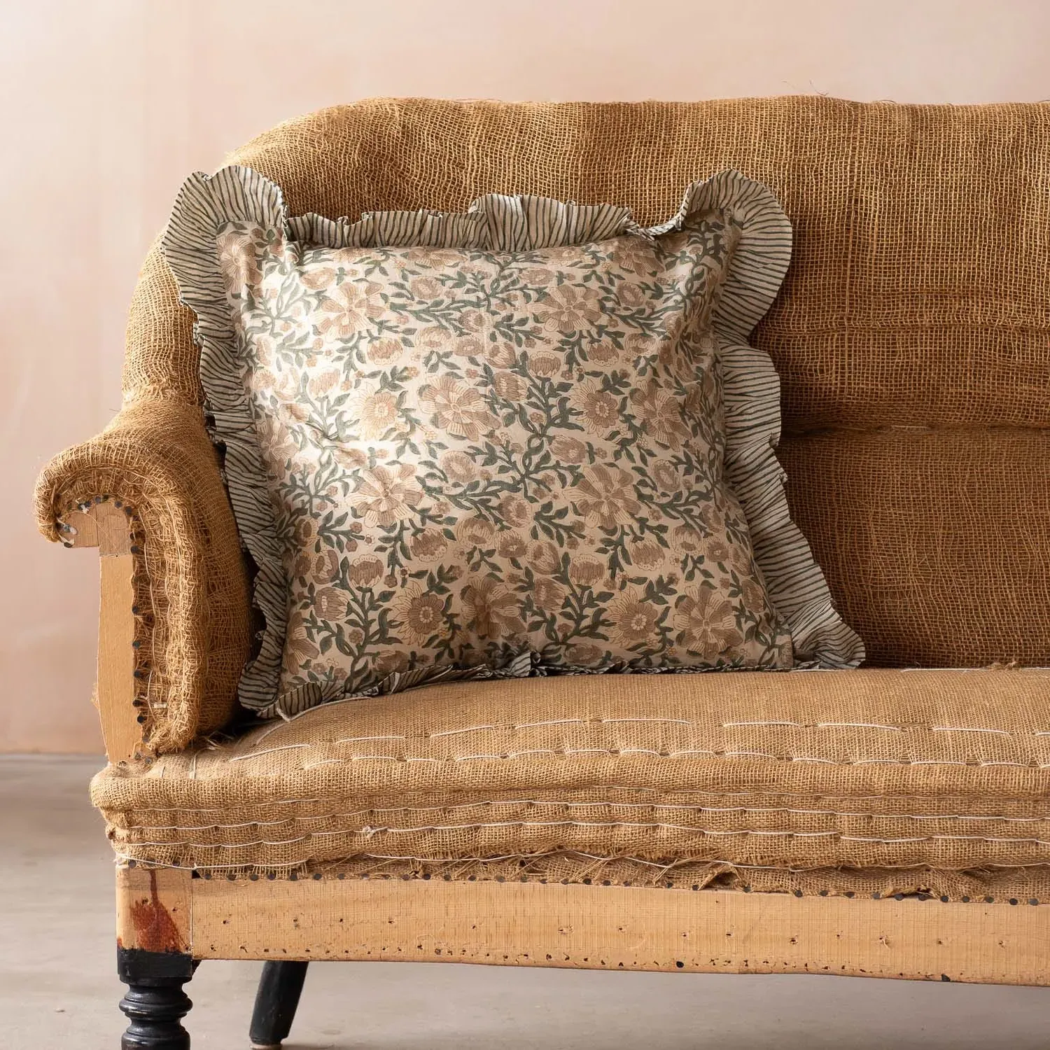 Lilia Block Printed Square Cushion - Green, Cotton image