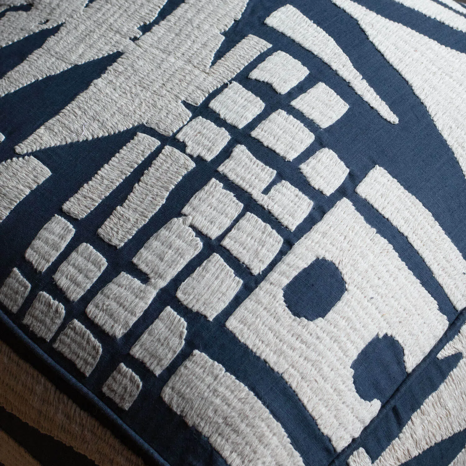 Lilou Abstract Pouffe - Navy, Linen