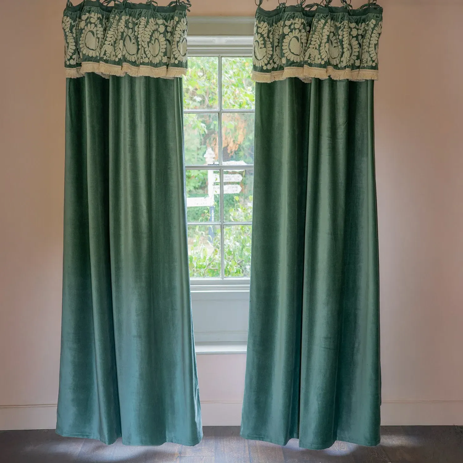 Lucia Velvet Curtain with Embroidered Design - Dark Sage