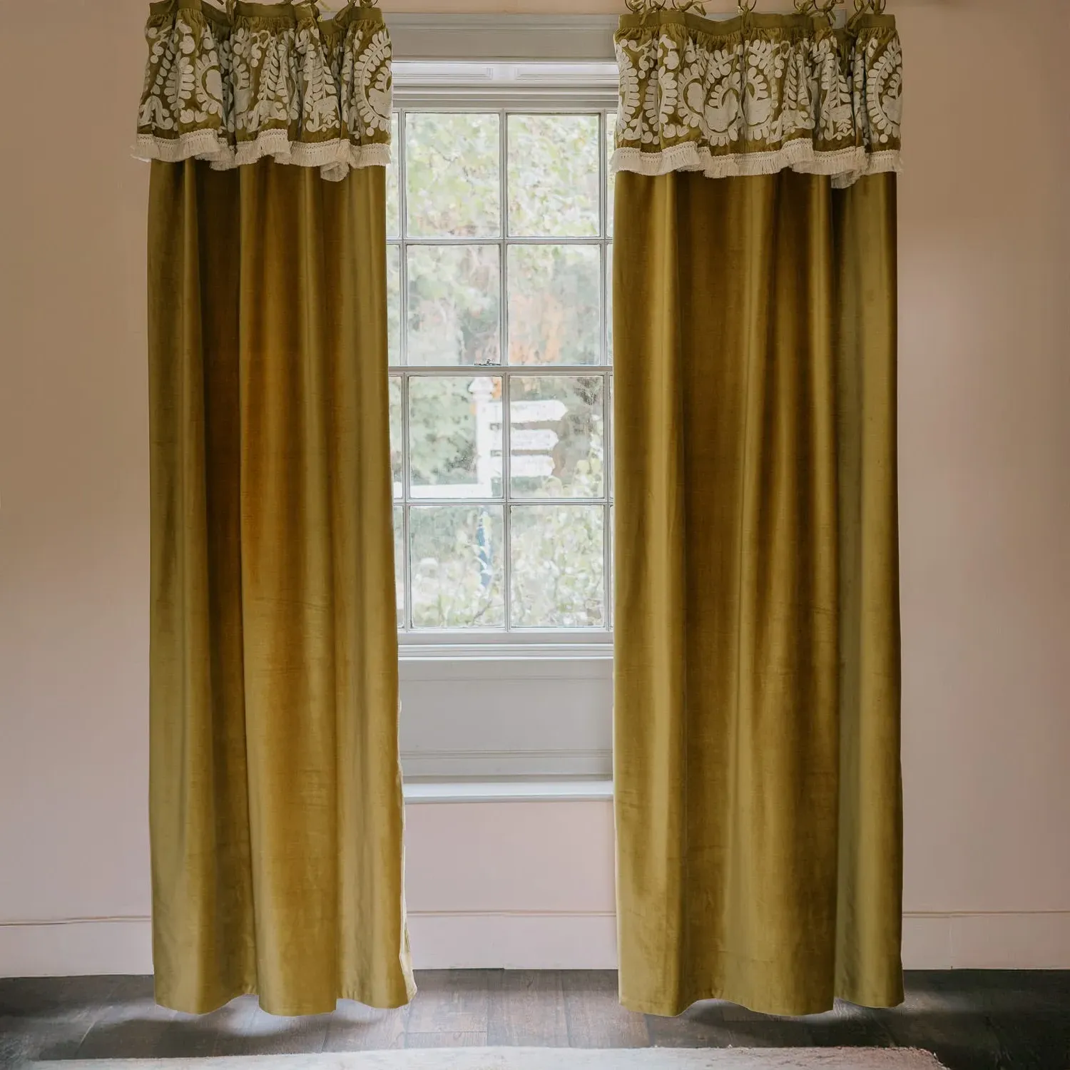 Lucia Velvet Curtain with Embroidered Design - Dark Sage