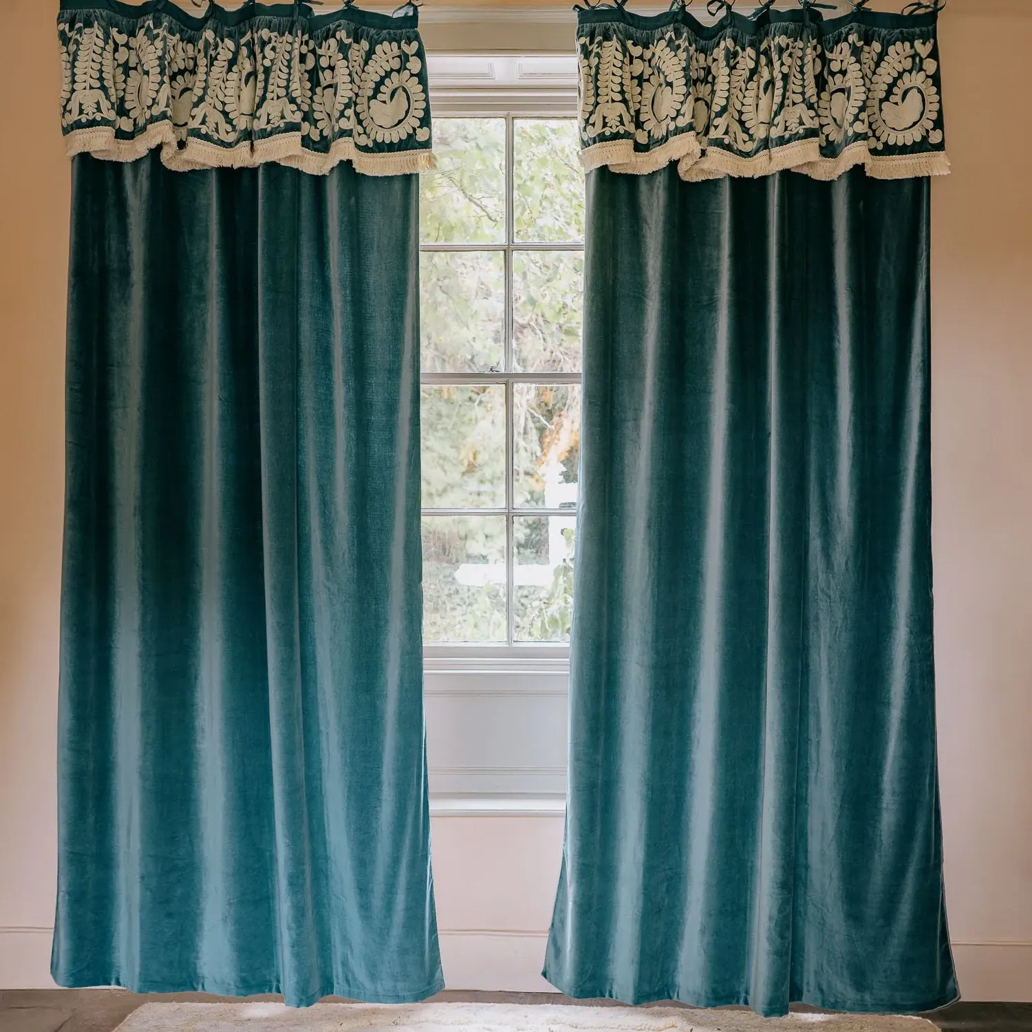 Lucia Velvet Curtain with Embroidered Design - Mustard