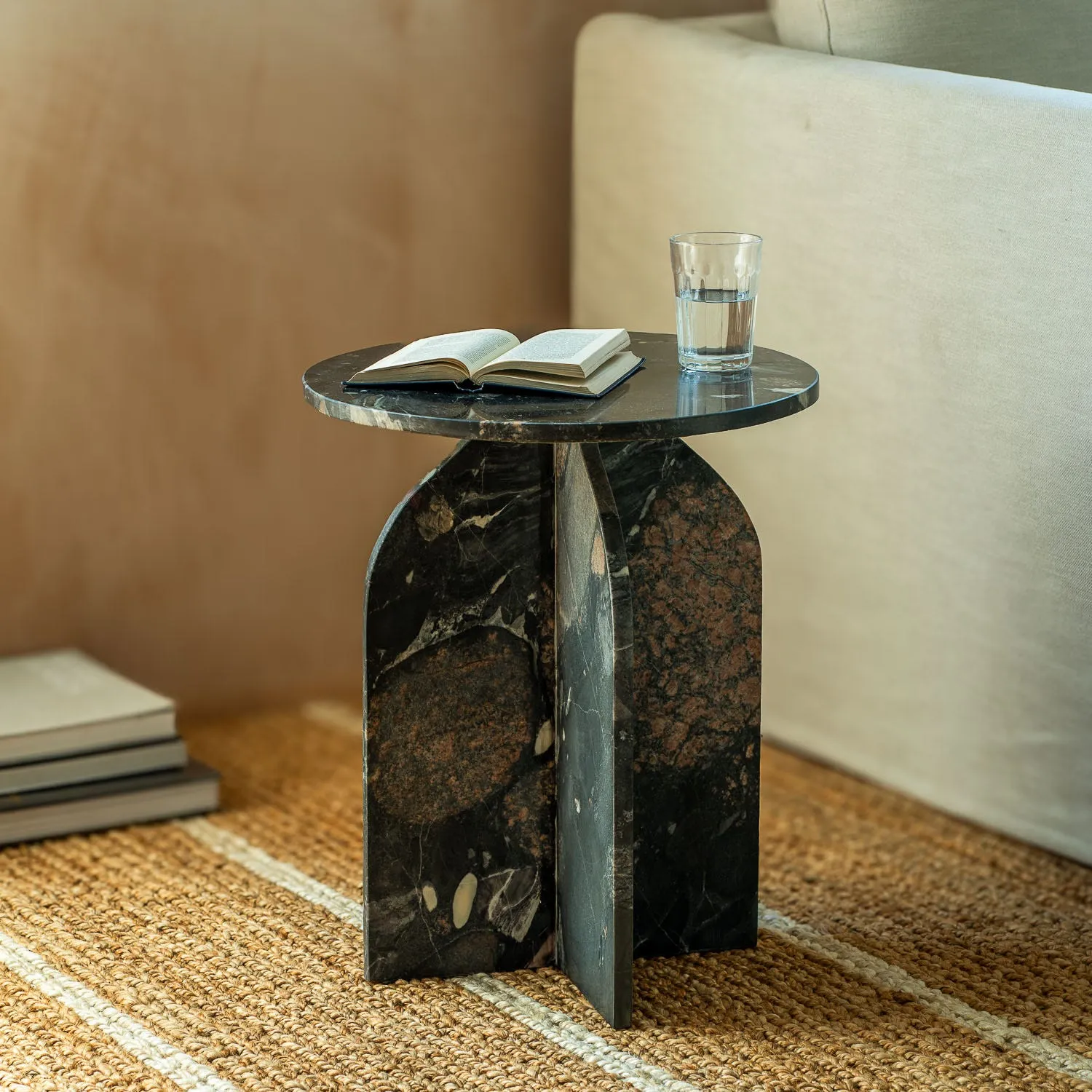 Maeve Round Side Table - Black, Marble