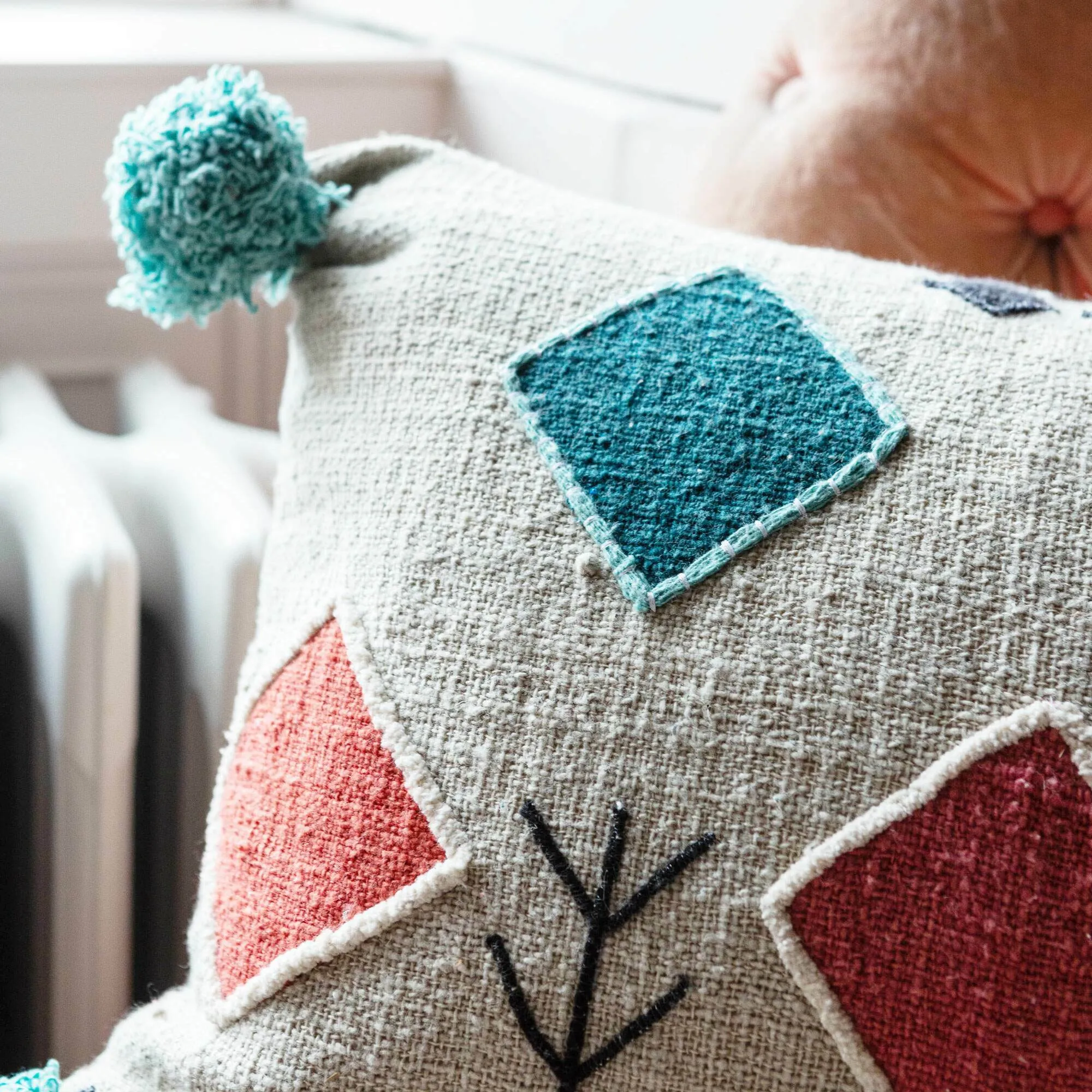 Mallee Tribal Cushion with Pom-Poms - Neutral, Cotton