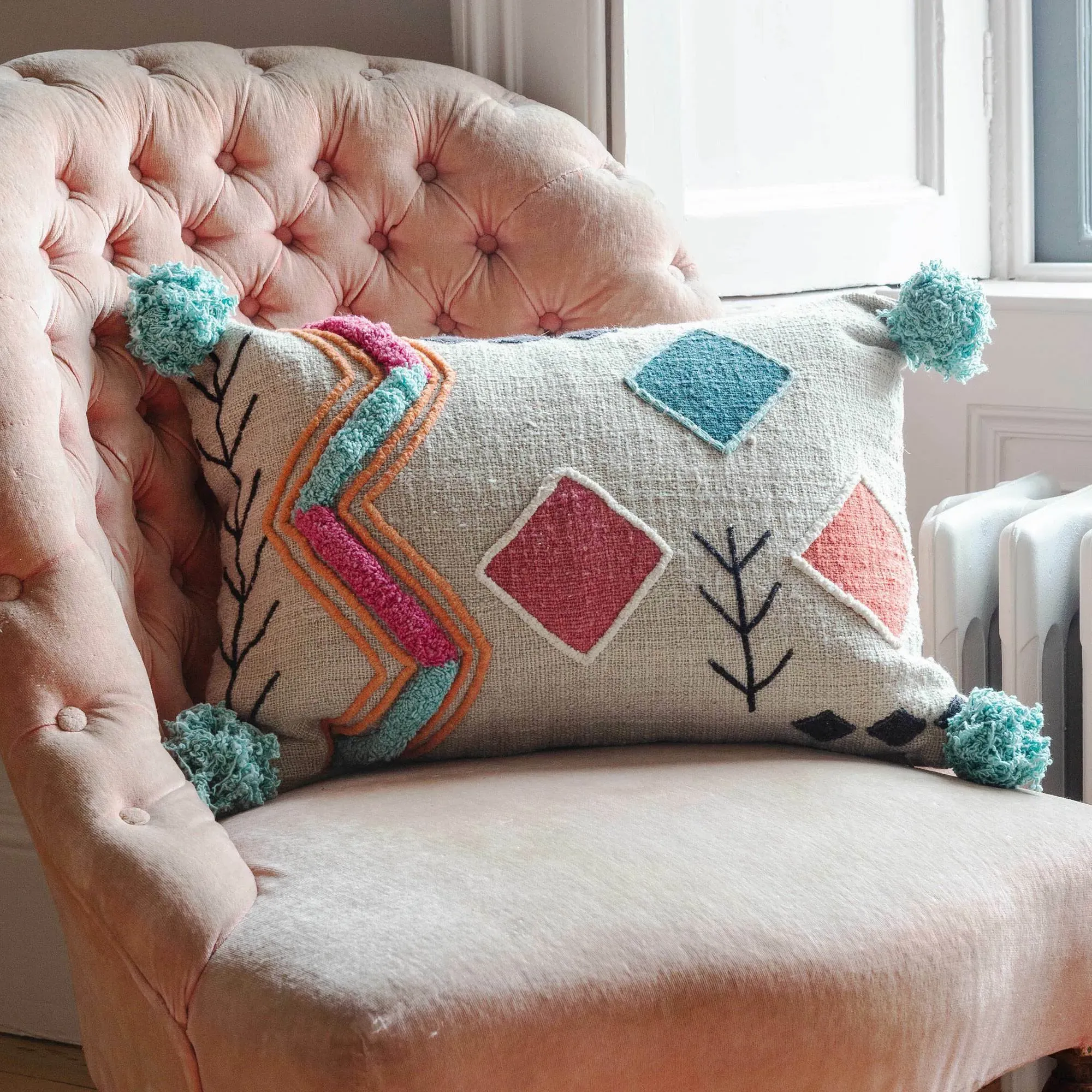 Mallee Tribal Cushion with Pom-Poms - Neutral, Cotton image