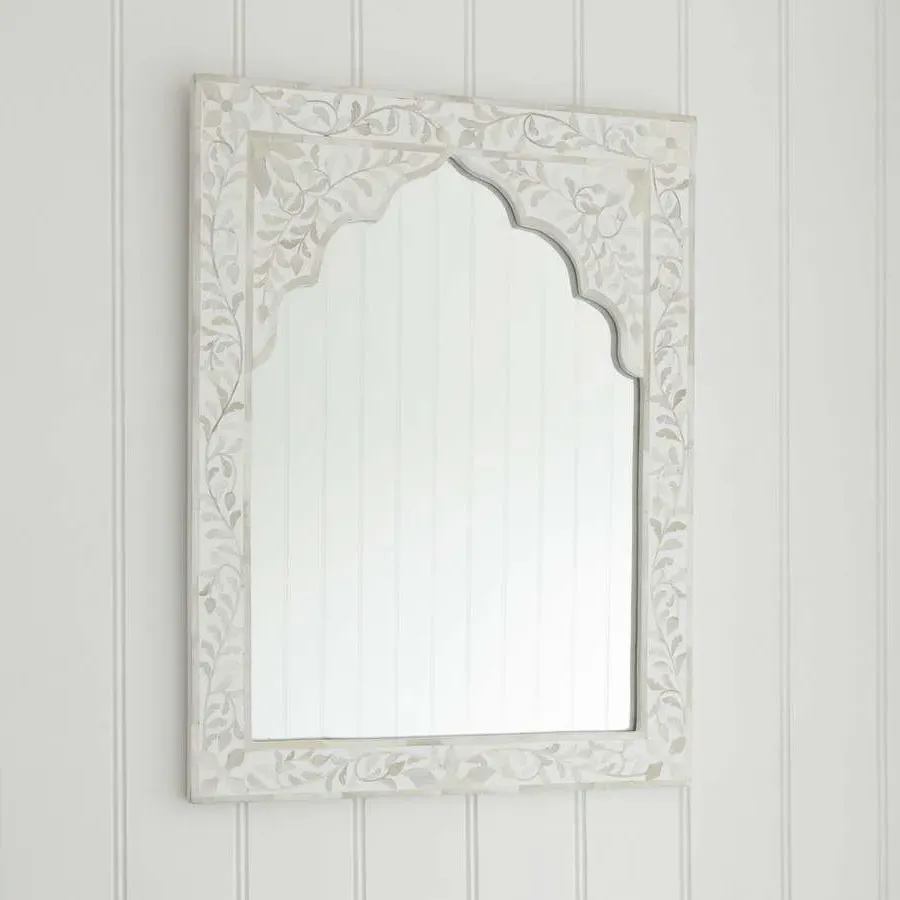 Mandir Arched Mirror - White, Bone Inlay