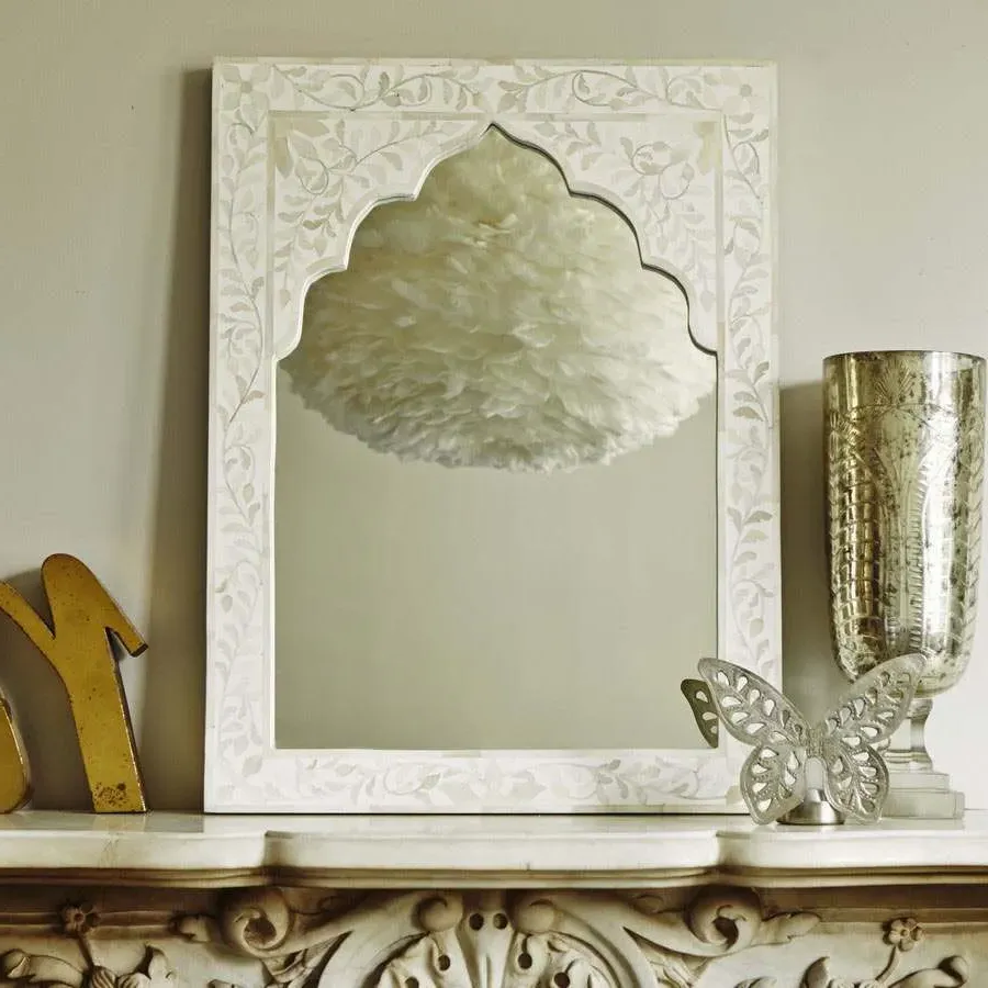 Mandir Arched Mirror - White, Bone Inlay