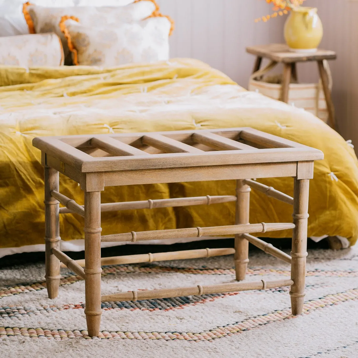 Mango Wood Luggage Bench with Spindle Detailing - Honey