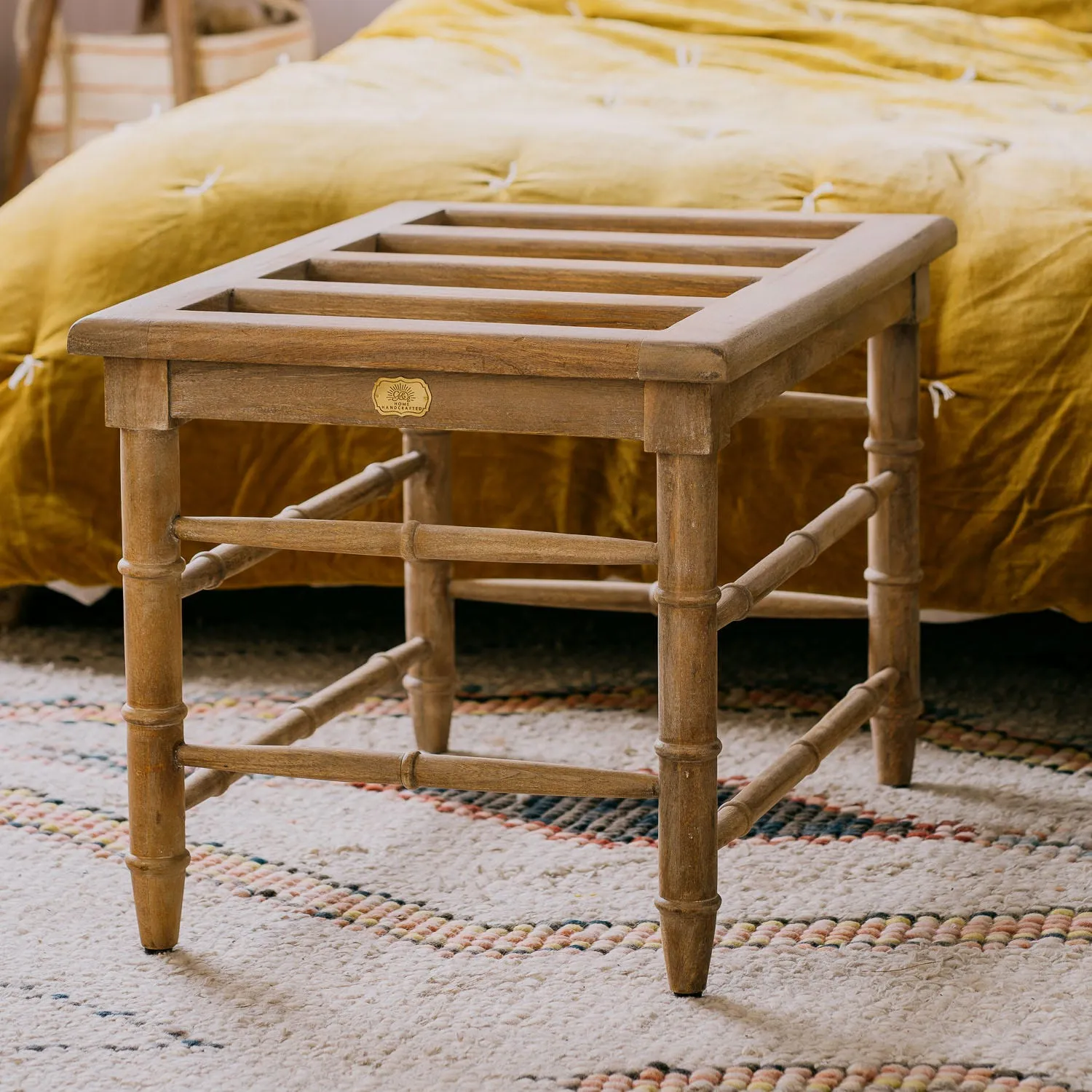 Mango Wood Luggage Bench with Spindle Detailing - Honey
