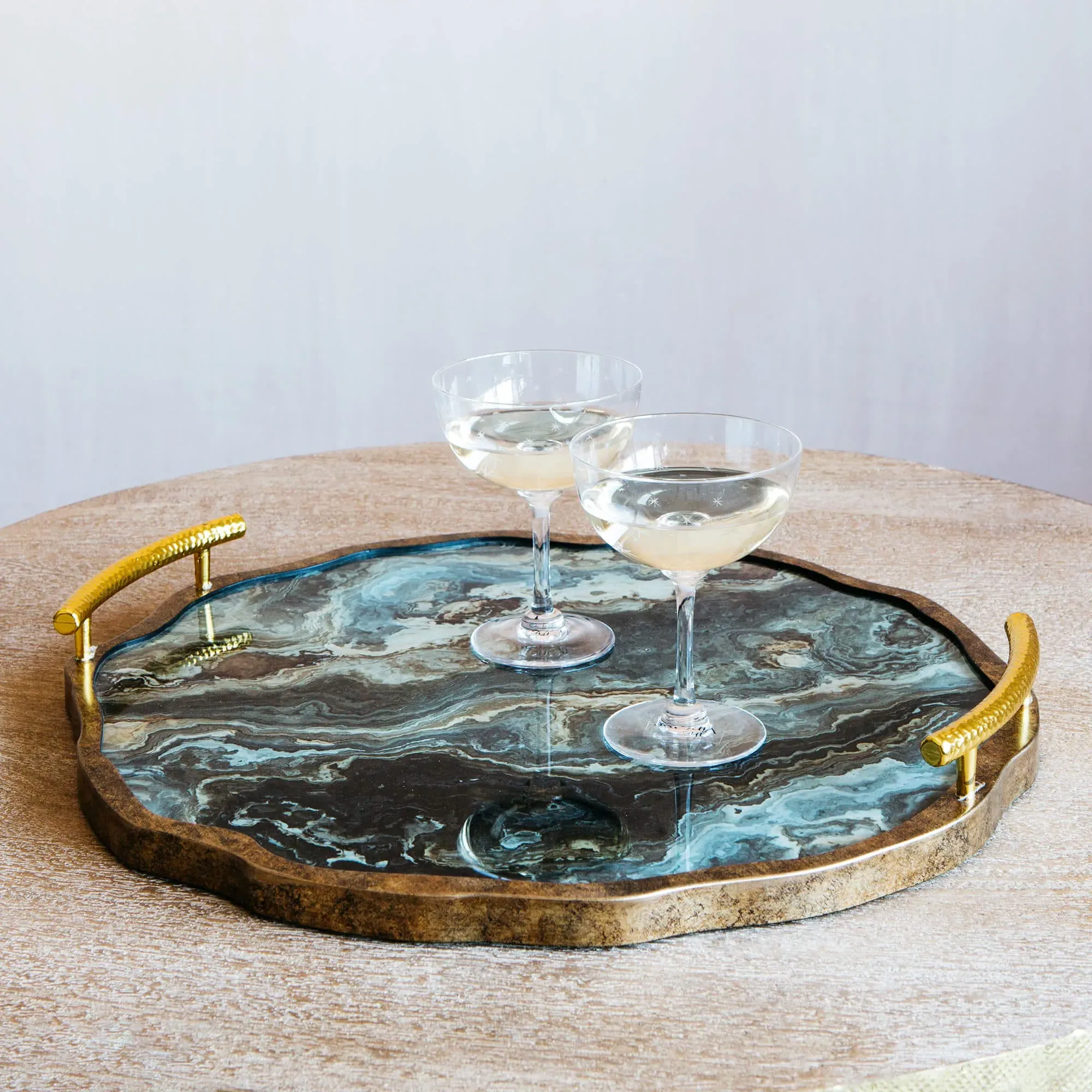 Marble Effect Tray with Handles - Glass