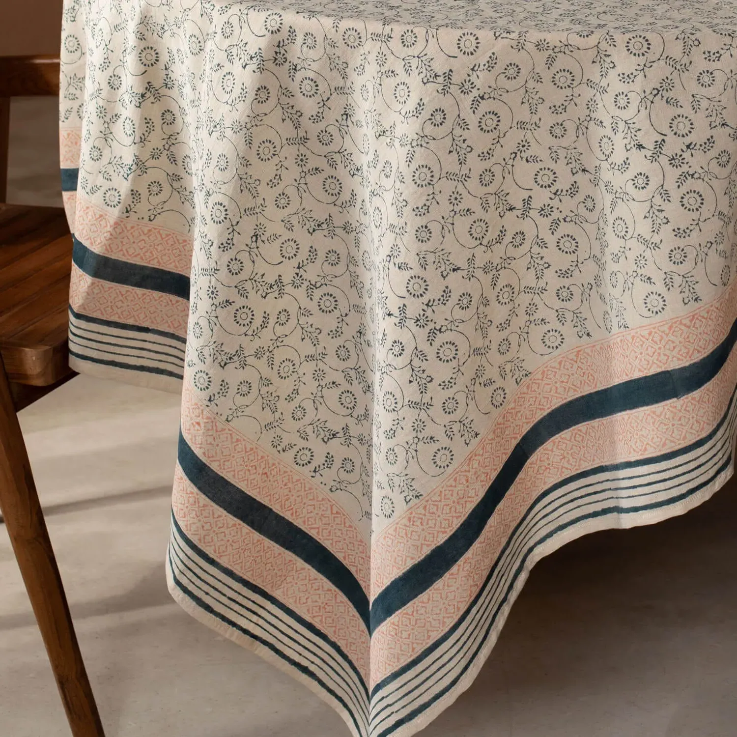Matilde Large Floral Block Printed Tablecloth - Cotton Linen