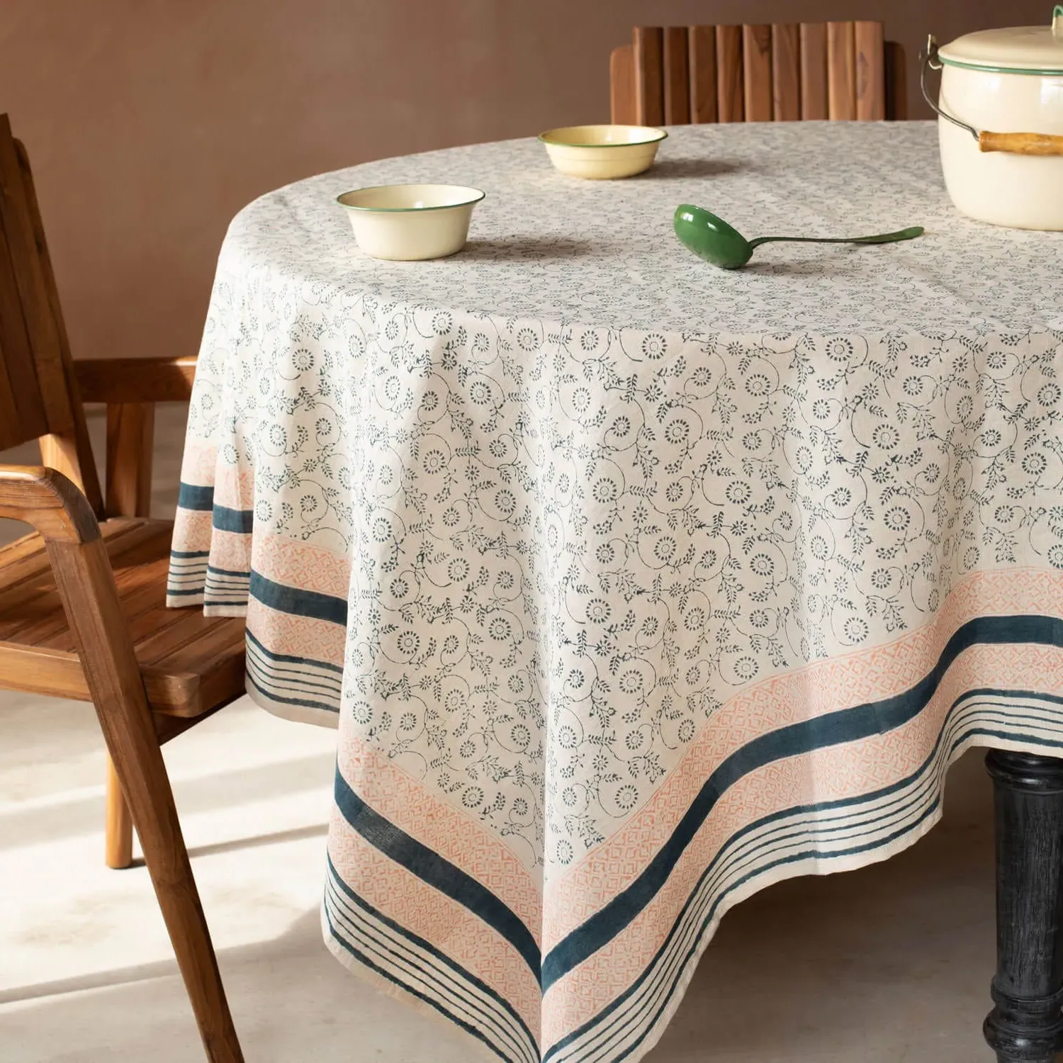 Matilde Large Floral Block Printed Tablecloth - Cotton Linen