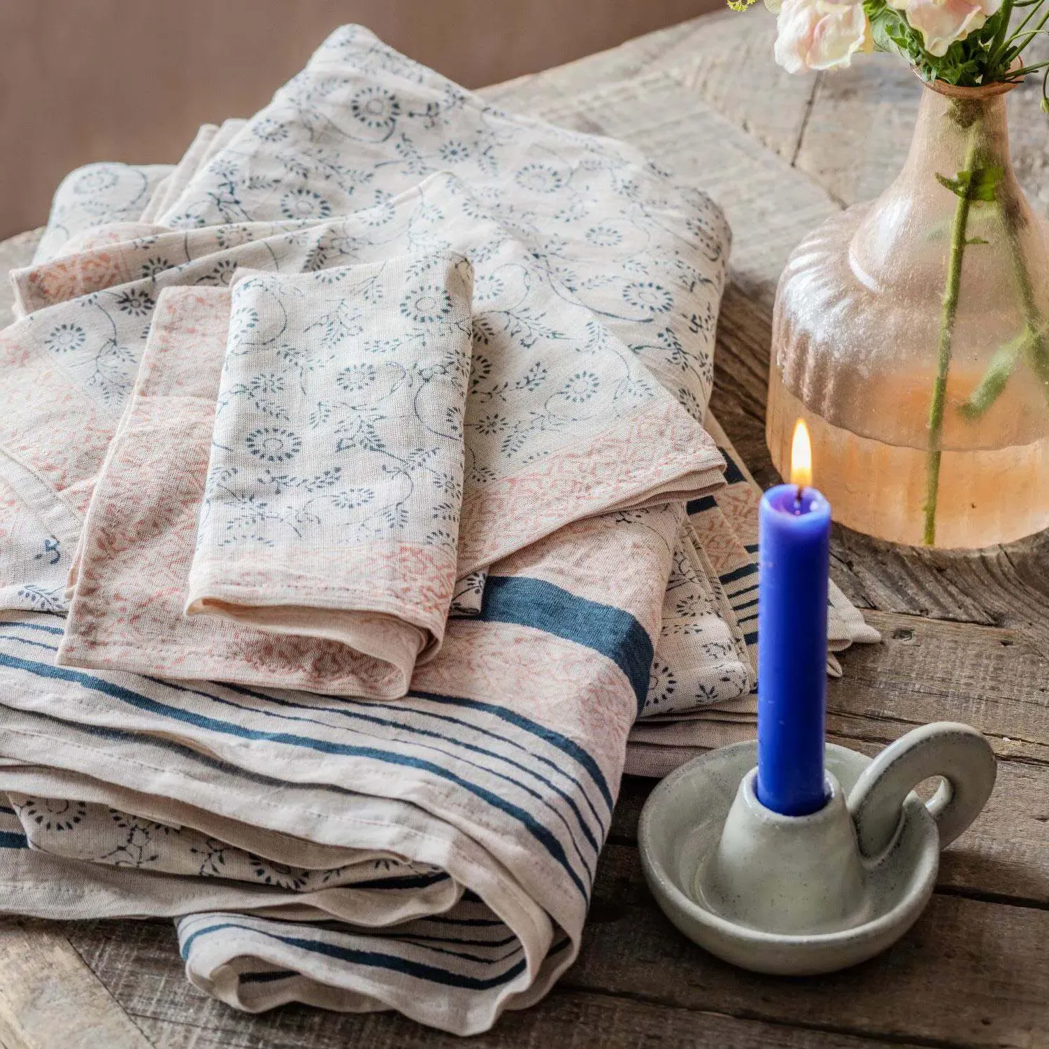 Matilde Medium Floral Block Printed Tablecloth - Cotton Linen